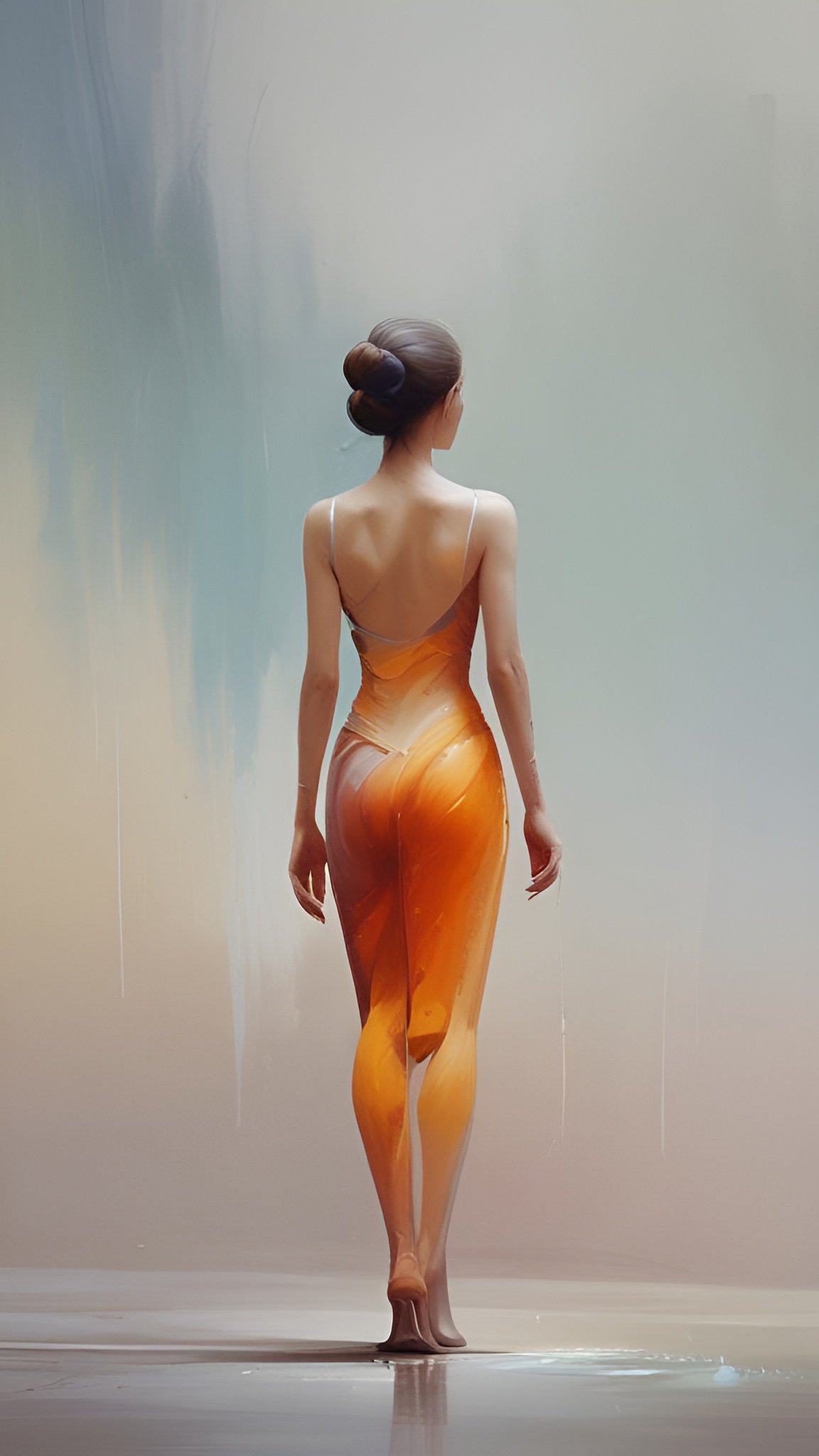 A painting of a woman in an orange slip dress walking away, seen from the back