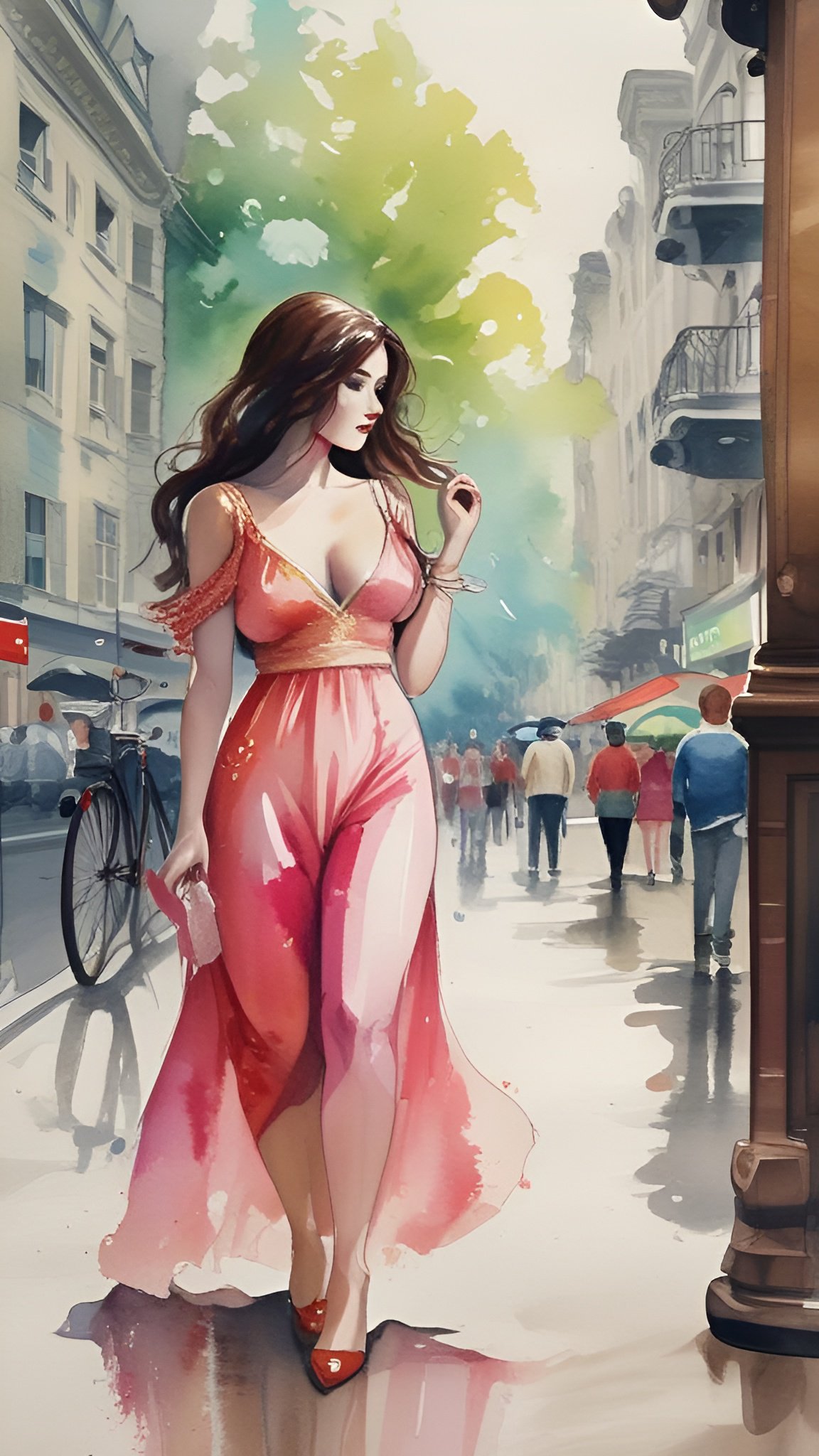 A painting of a woman in a pink dress on a city street