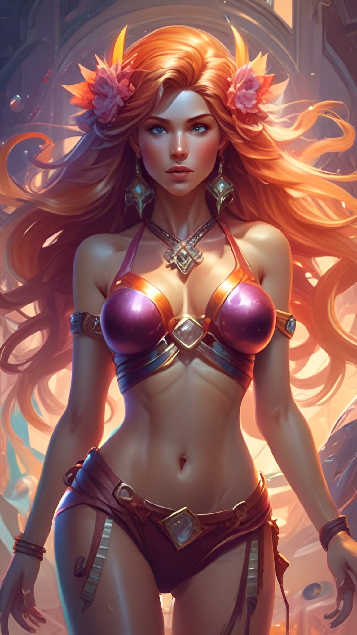 A painting of a woman in a purple top with pink flowers in fantasy art