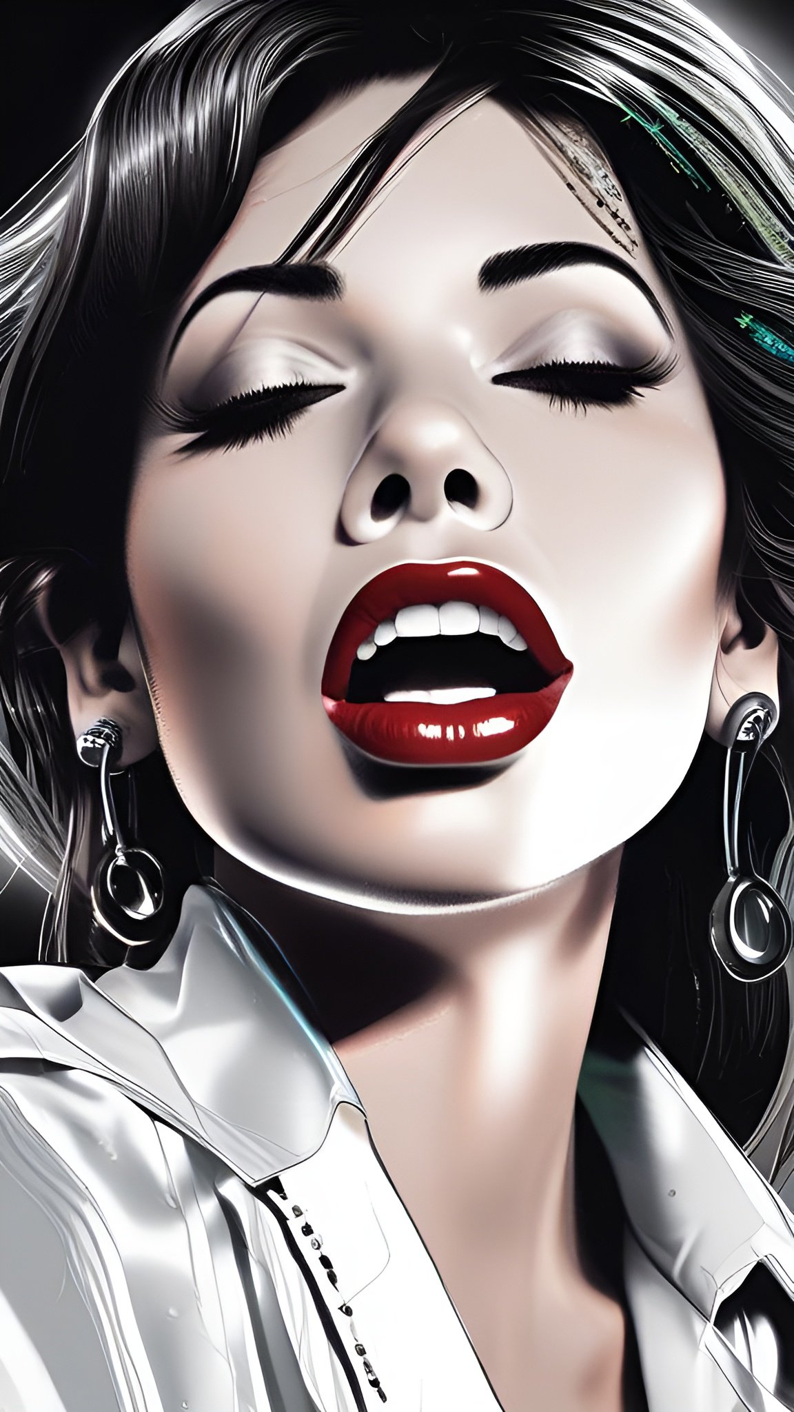 A painting of a woman with red lips in a white shirt, close portrait
