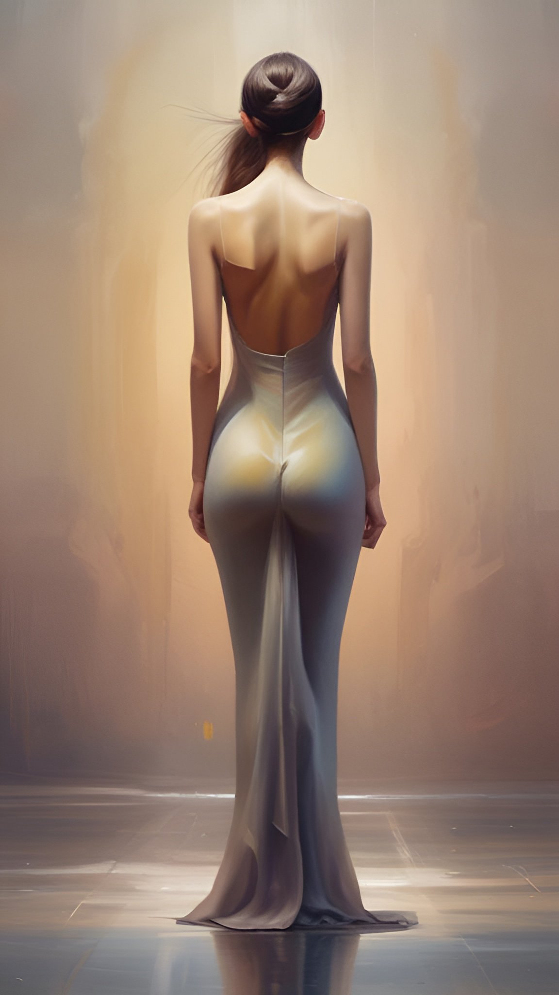 A painting of a woman in a silver backless gown standing on a reflective floor