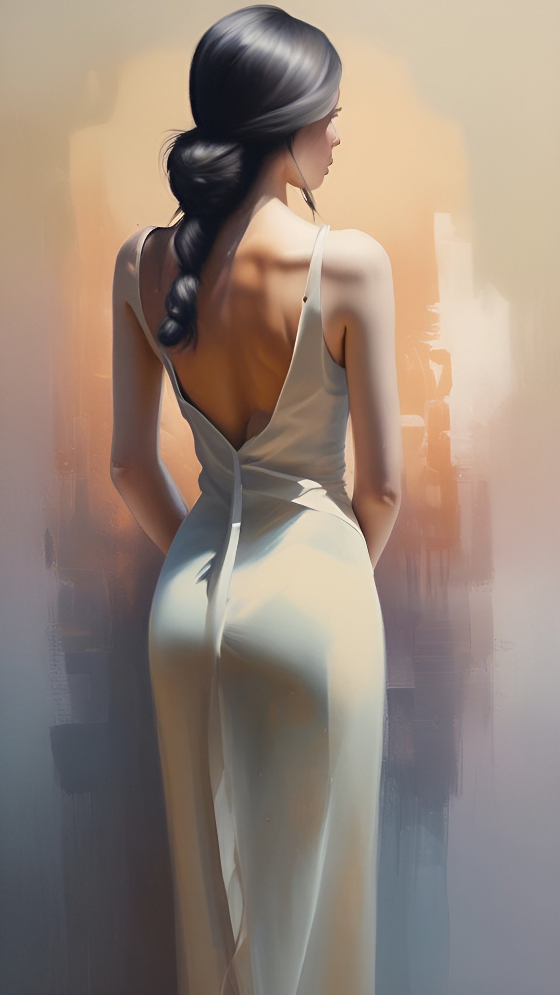 A painting of a woman in a white backless dress standing with her back turned