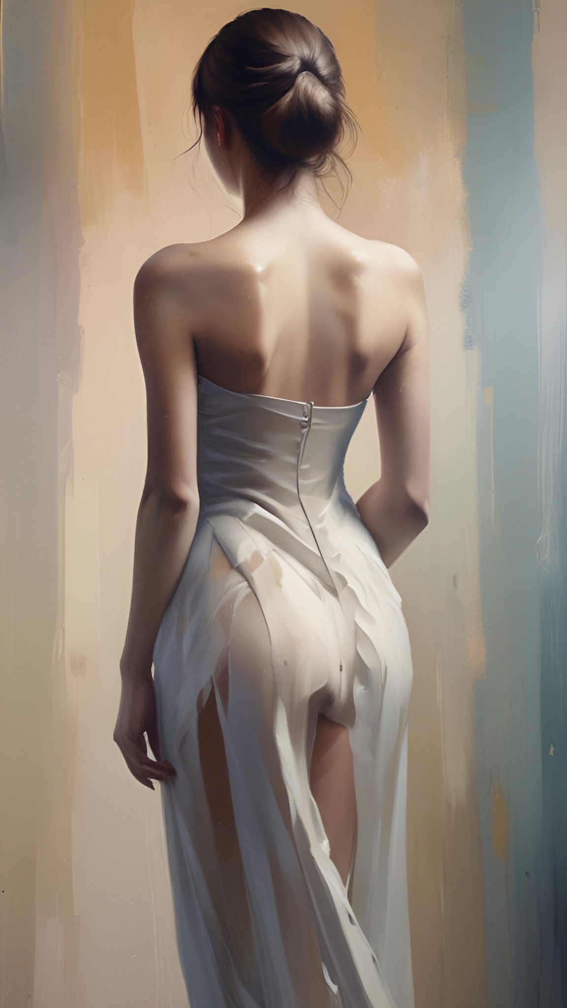 A painting of a woman in a white strapless gown with a sheer skirt, seen from the back