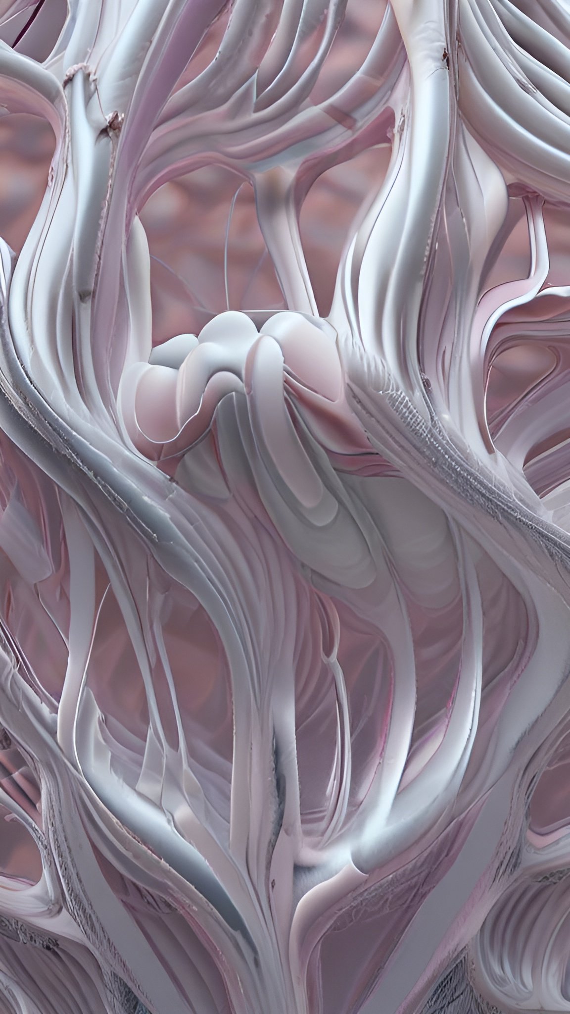 An abstract art of a pale pink and white organic lattice of curved bone-like forms with open gaps