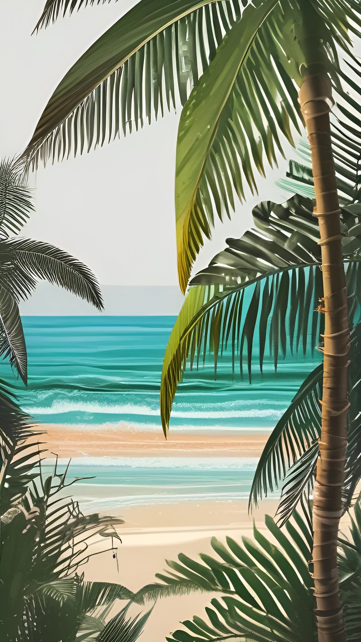 A painting of palm trees over a turquoise ocean and sandy beach
