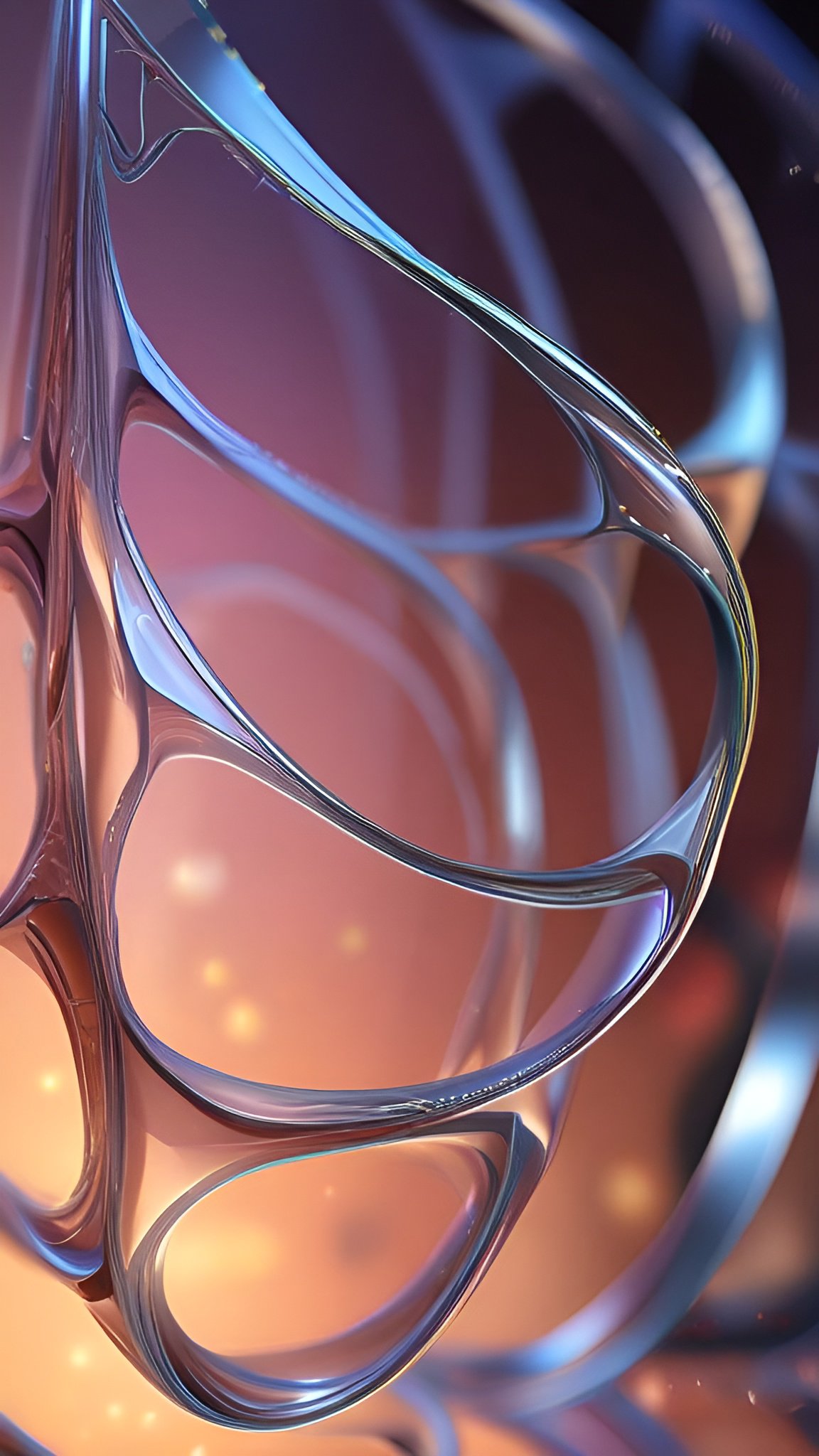 Abstract art of glossy glass loops in peach rose and blue with chrome highlights