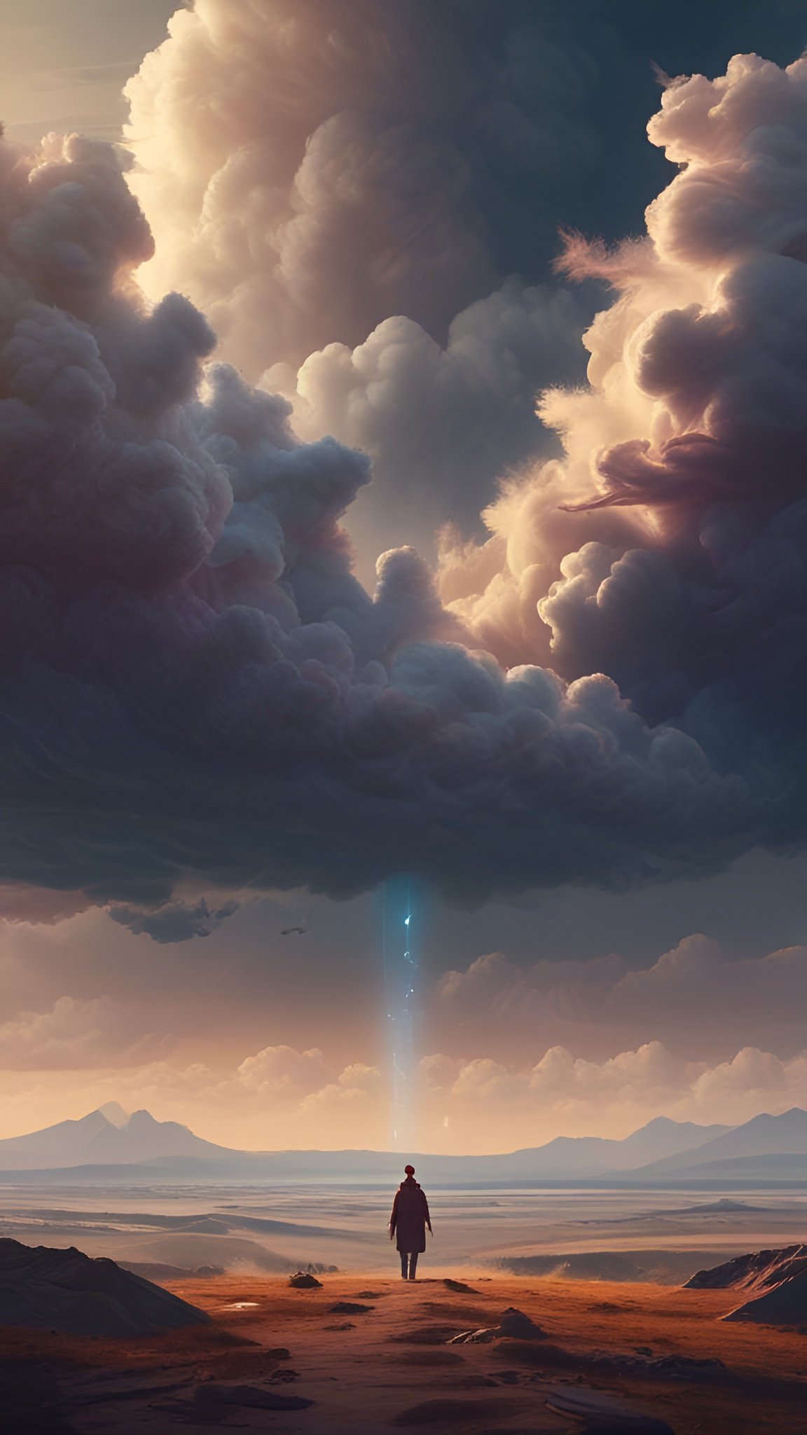 An oil painting style of a person in a dark coat on orange desert ground facing a tall storm cloud with far mountains