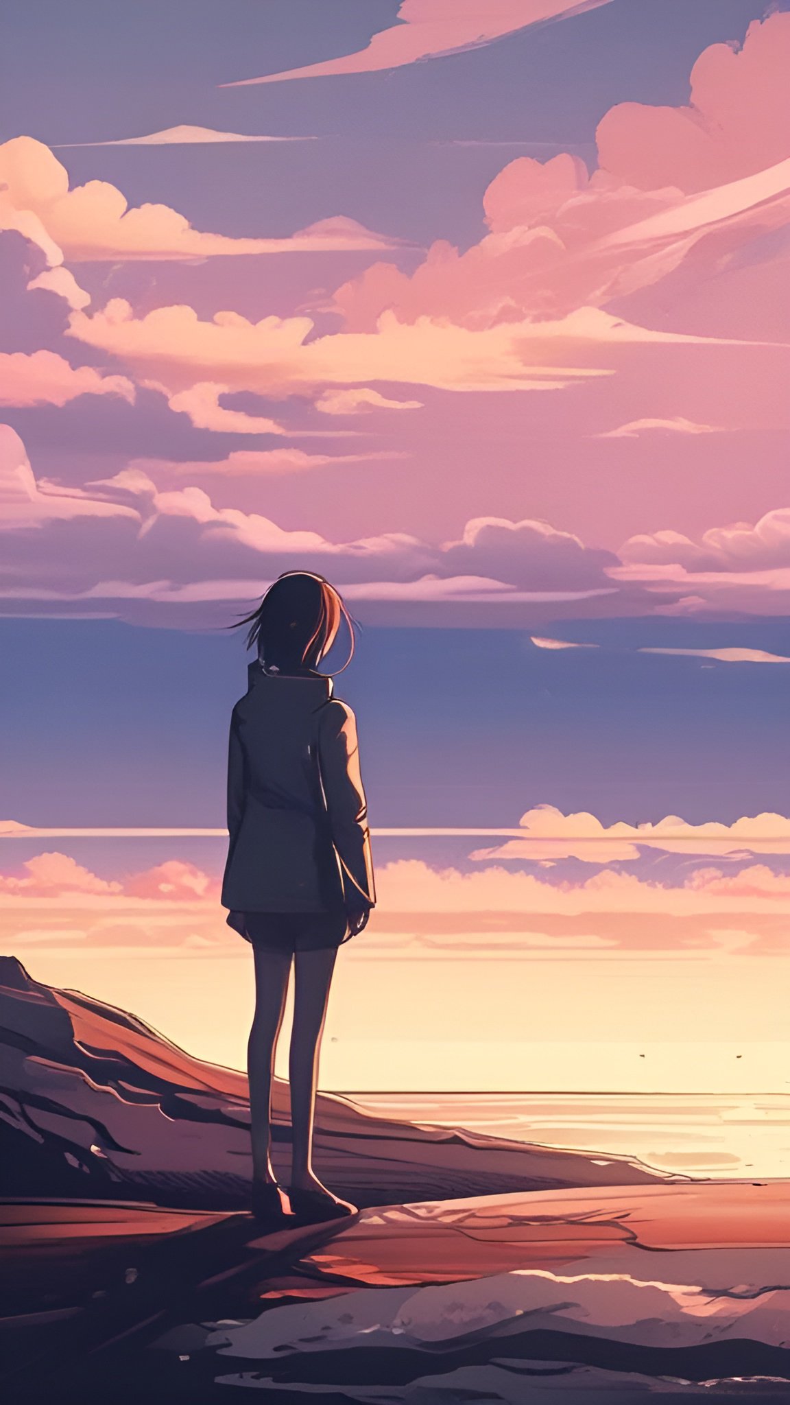 A cartoon image of a person in a gray coat and shorts standing barefoot on a rocky shore facing a pink and peach cloud sky