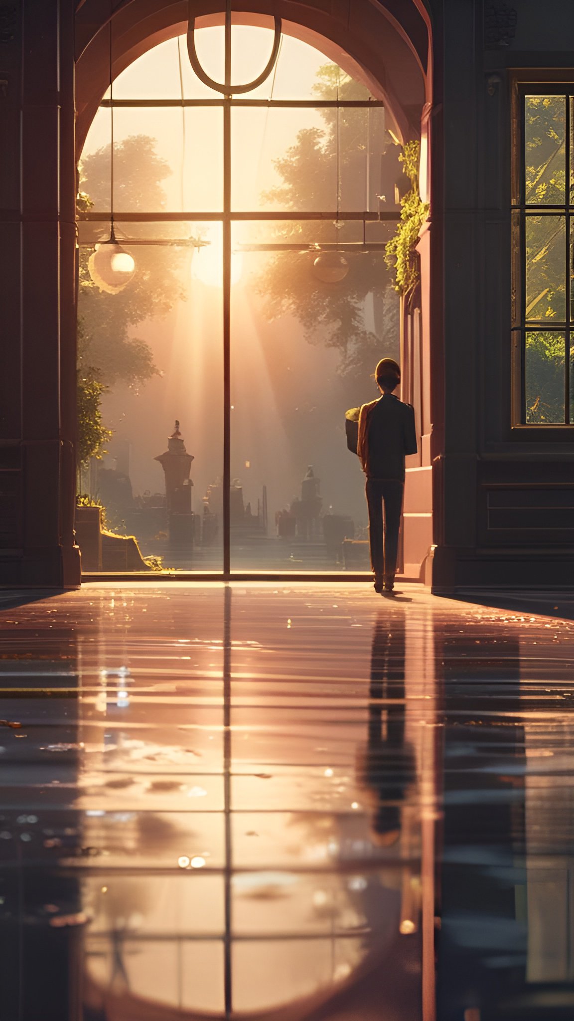 Art with reflections of a person in the hallway looking out window at at statues