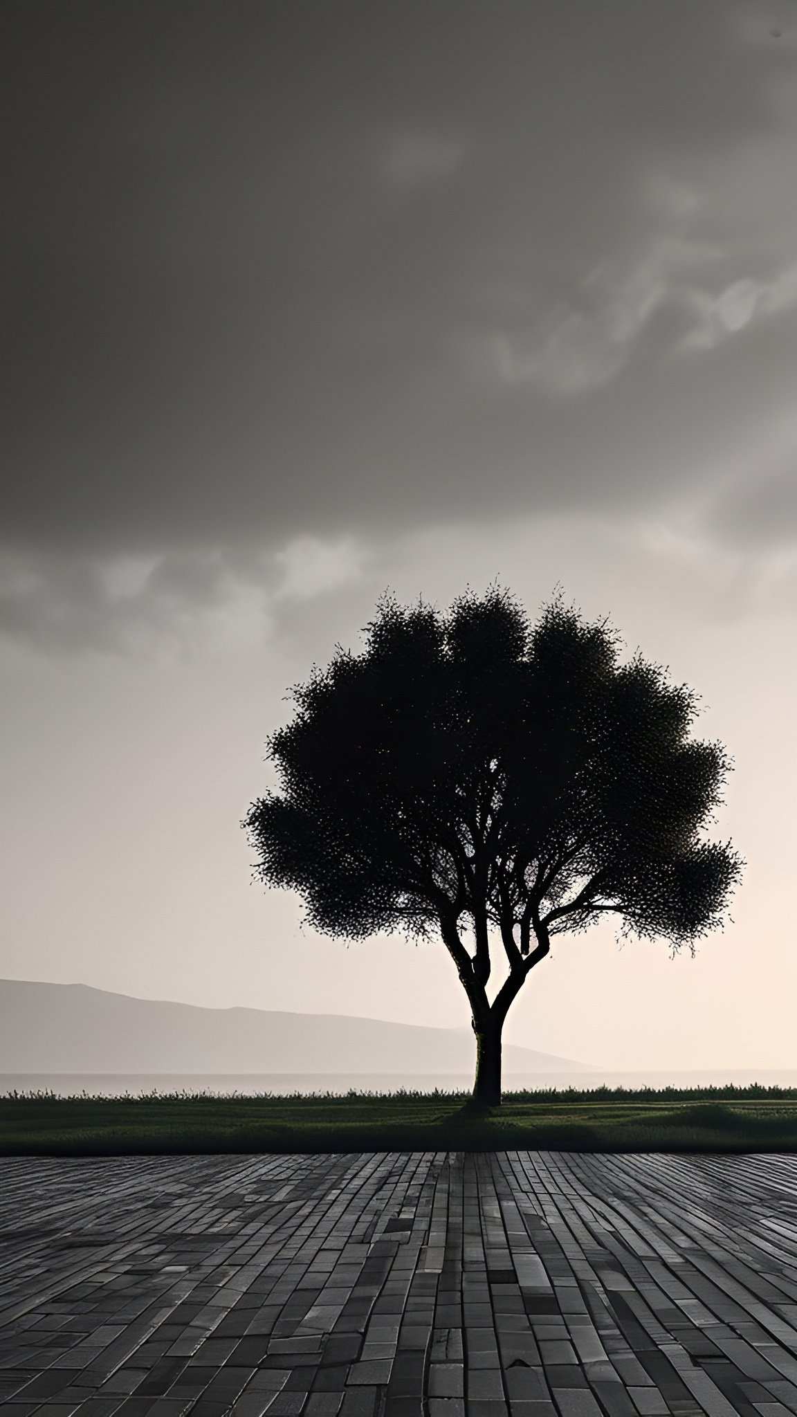 Moody dusk scene with lone tree silhouette against heavy storm clouds