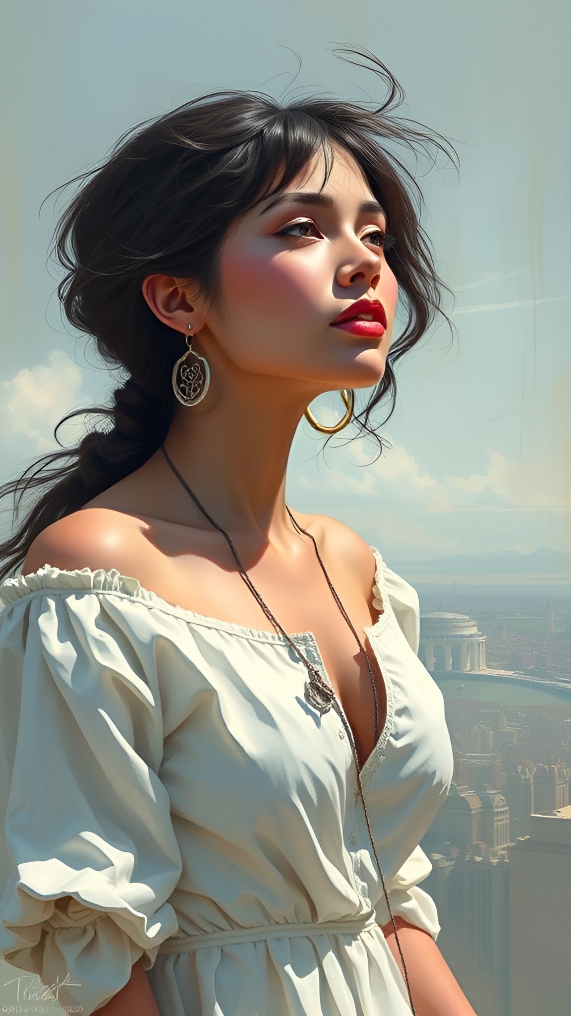 Photo of a beautiful woman in white off shoulder dress with dark hair and red lips overlooking cityscape