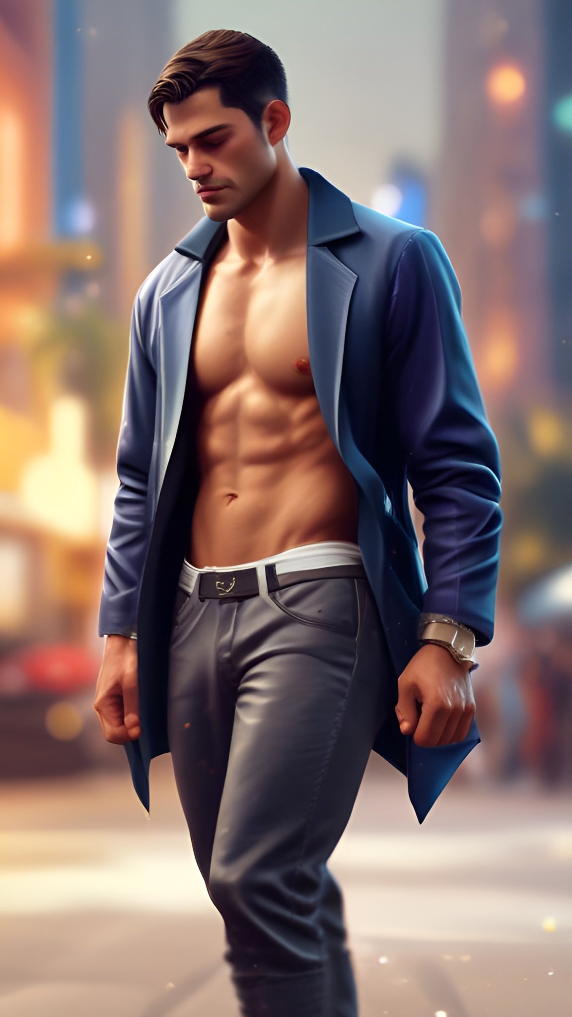 Photo of a man with a hot muscular body showing his abs in an open blue jacket and leather pants on city street