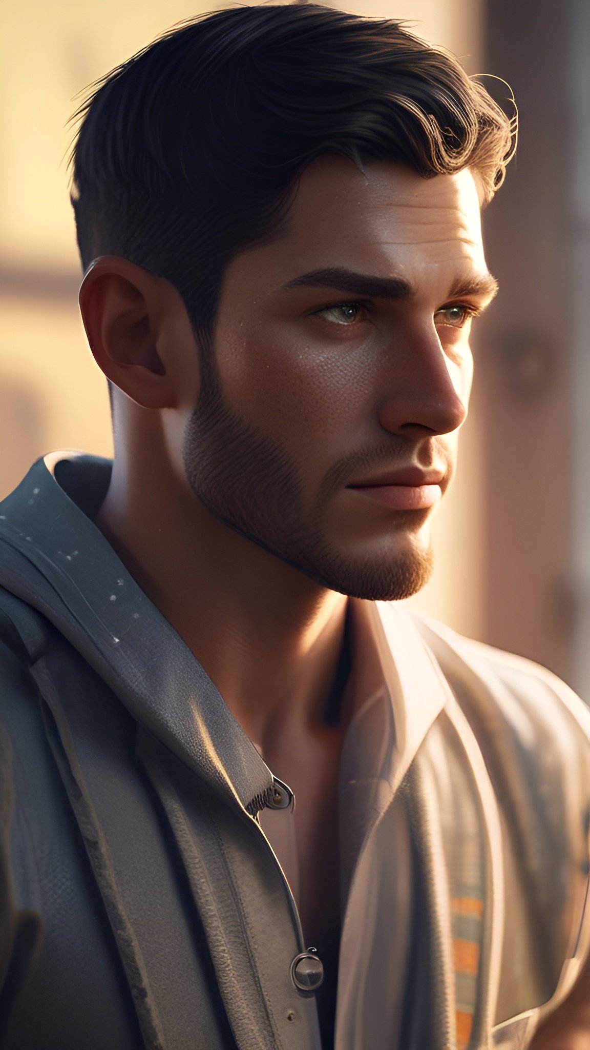 Photo of a man with short hair and stubble in warm sunlight looking to the side