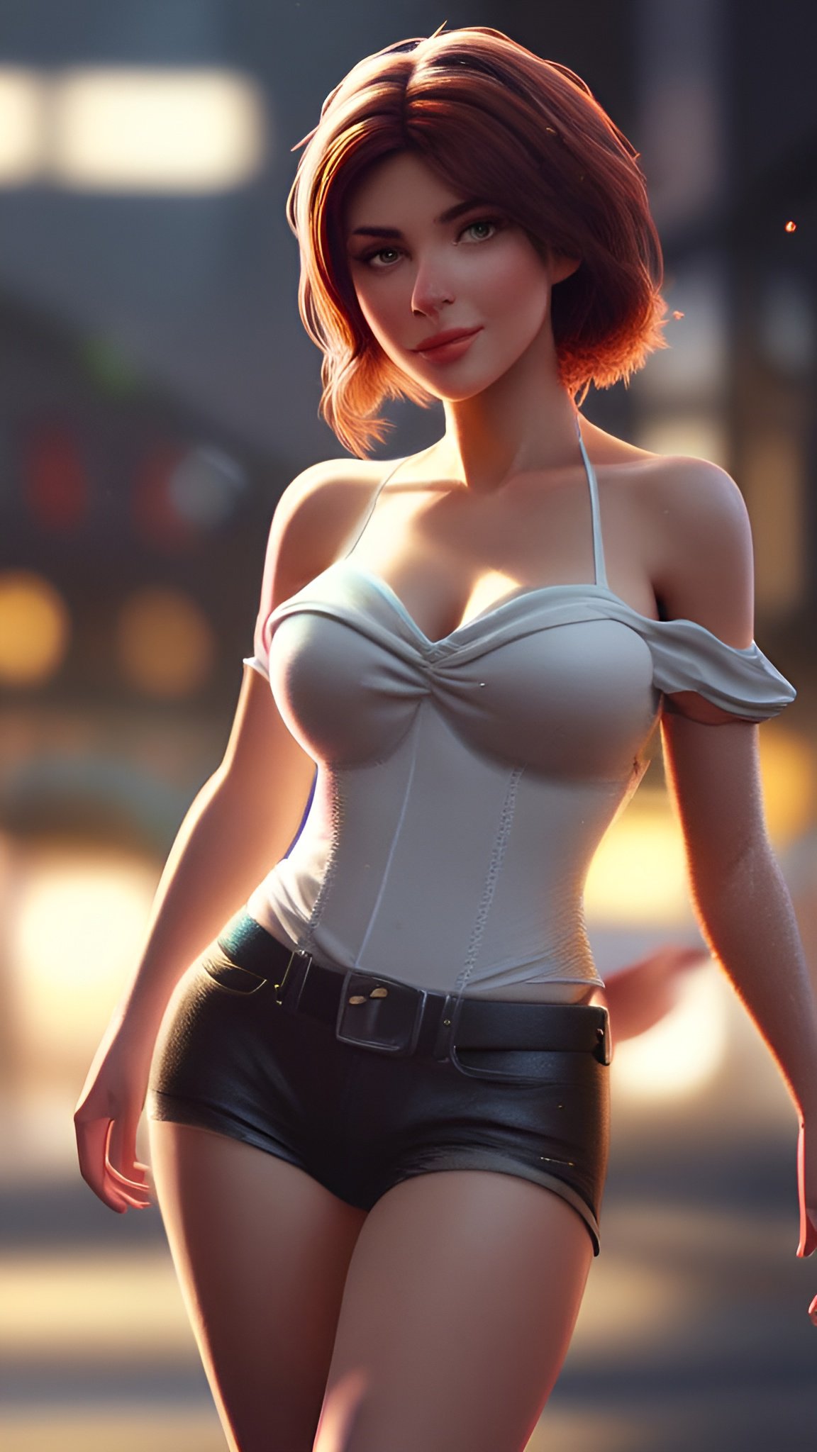 Photo of an animated woman with a seductive smile and auburn hair wearing black leather shorts on a city street
