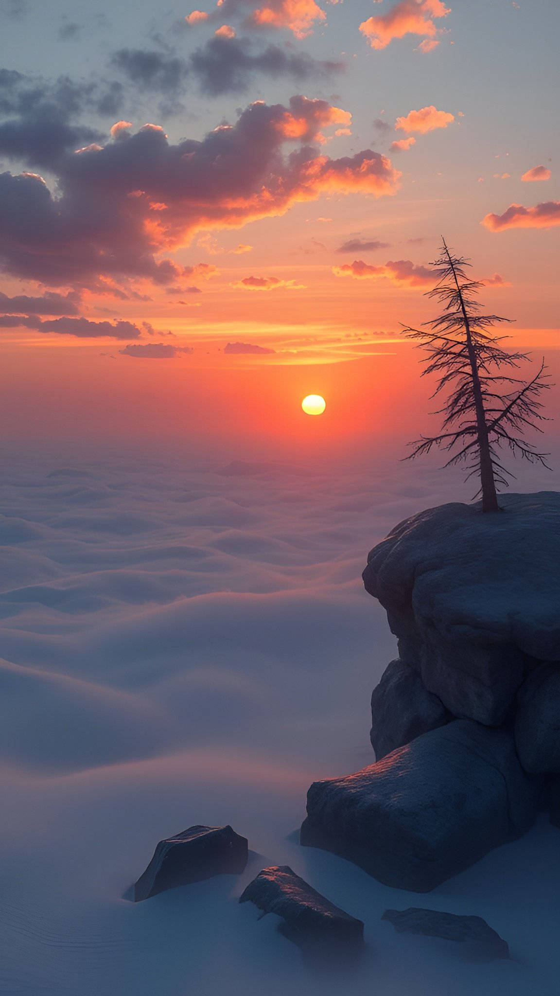 Dramatic mountain peak rising above a sea of clouds at sunrise