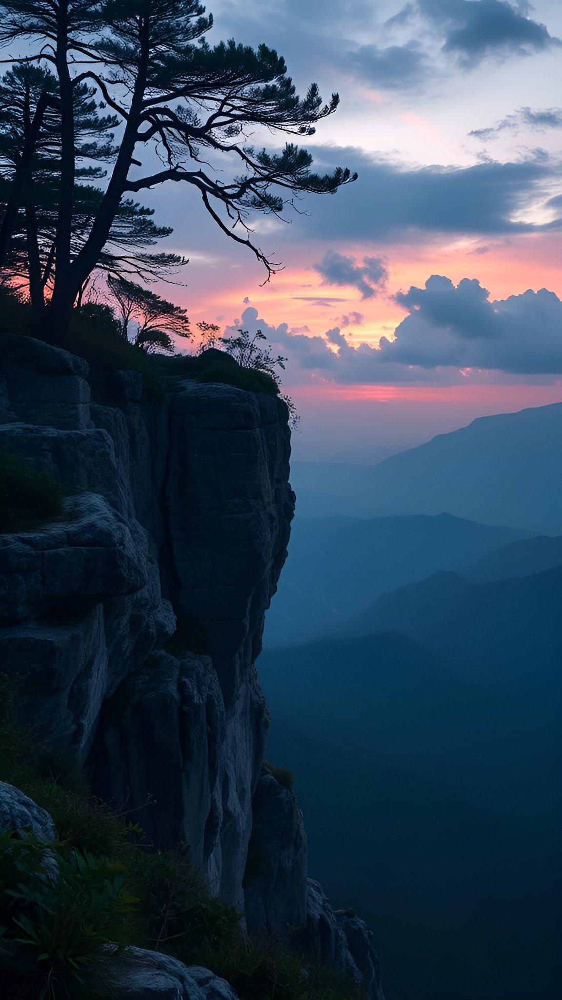 Nature photograph of pine tree silhouette on rocky cliff overlooking layered mountains at sunset