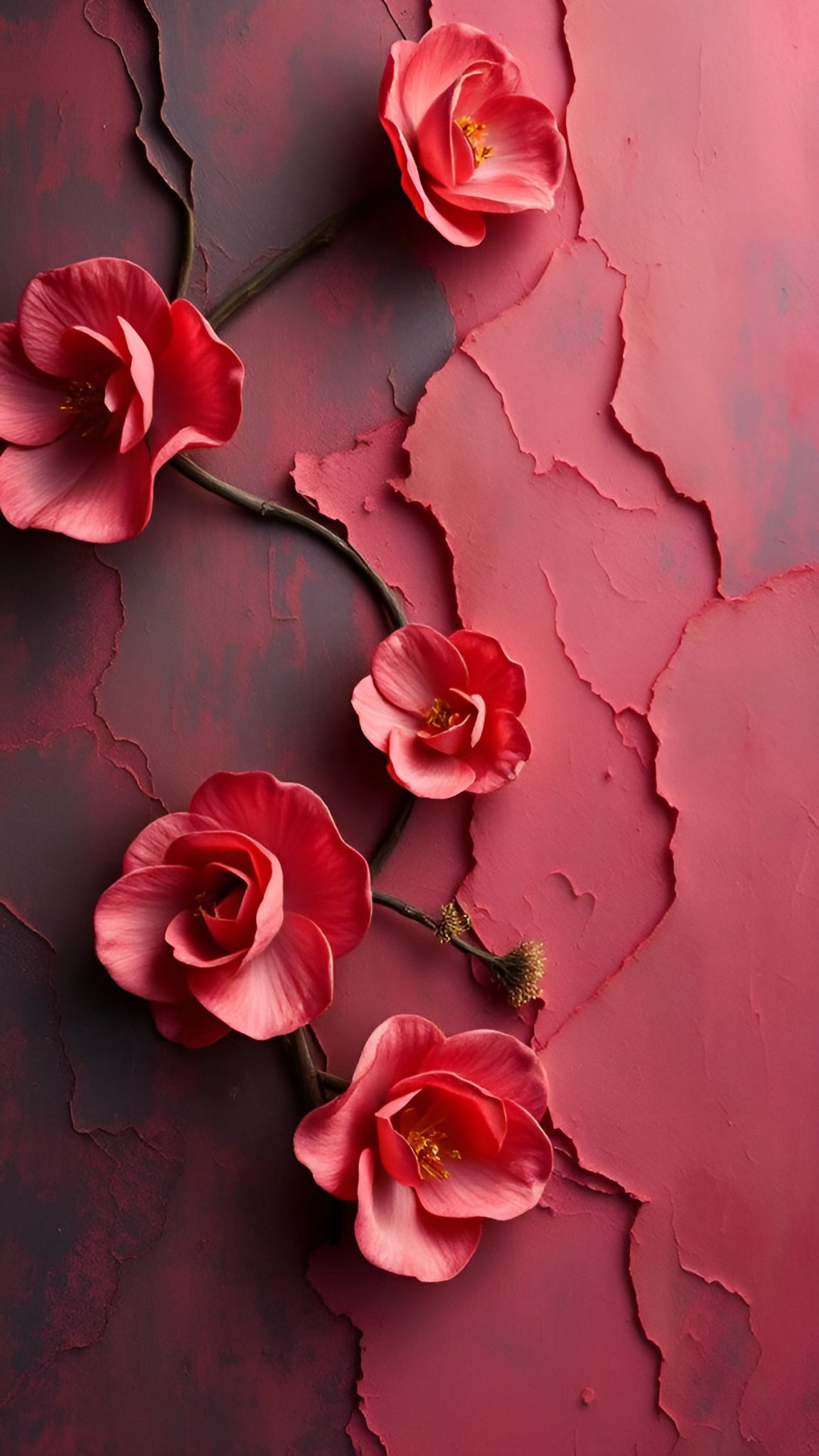 Photo of pink camellia-style flowers against a cracked peeling magenta plaster wall