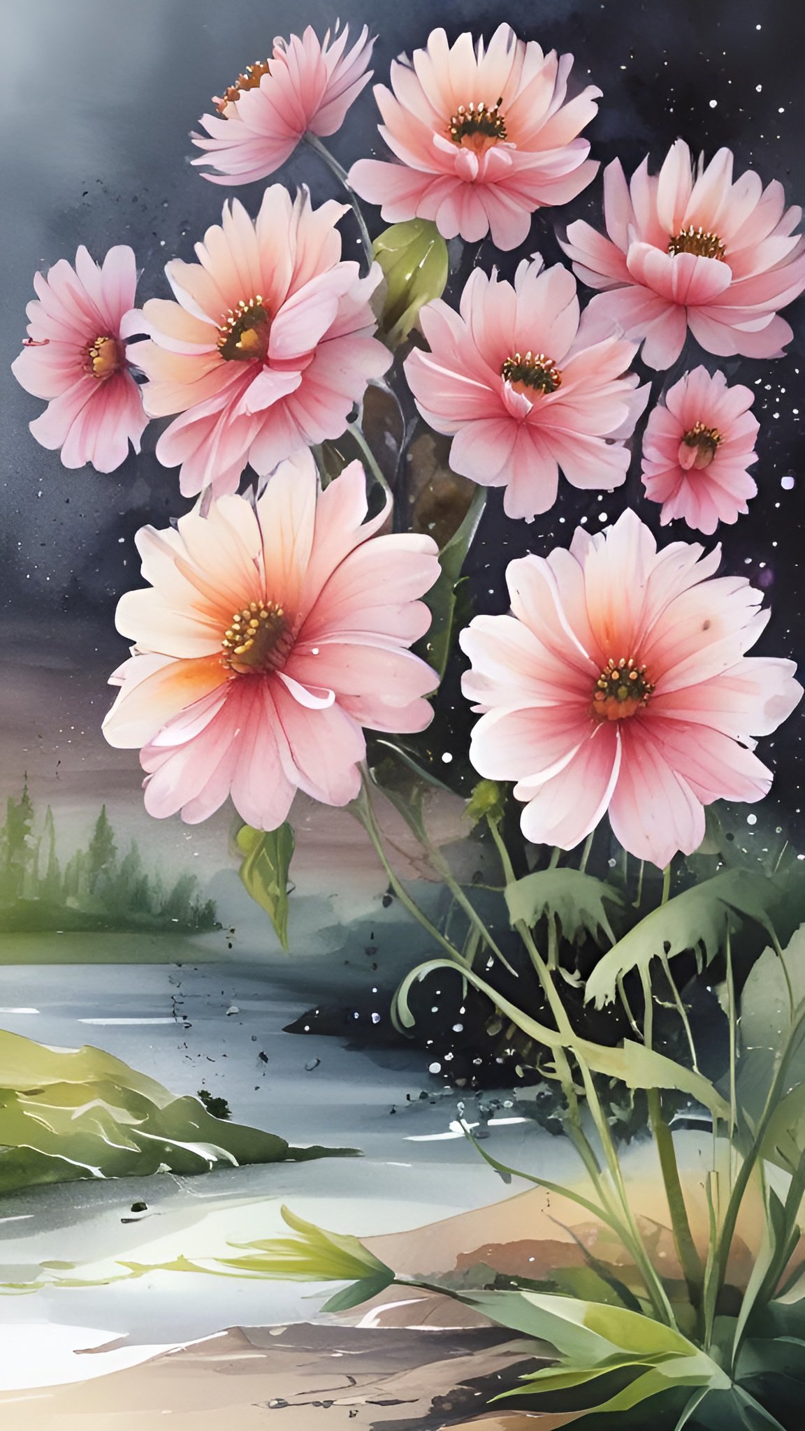 Watercolor of pink cosmos-style daisies beside a river with a sandy bank and evergreens