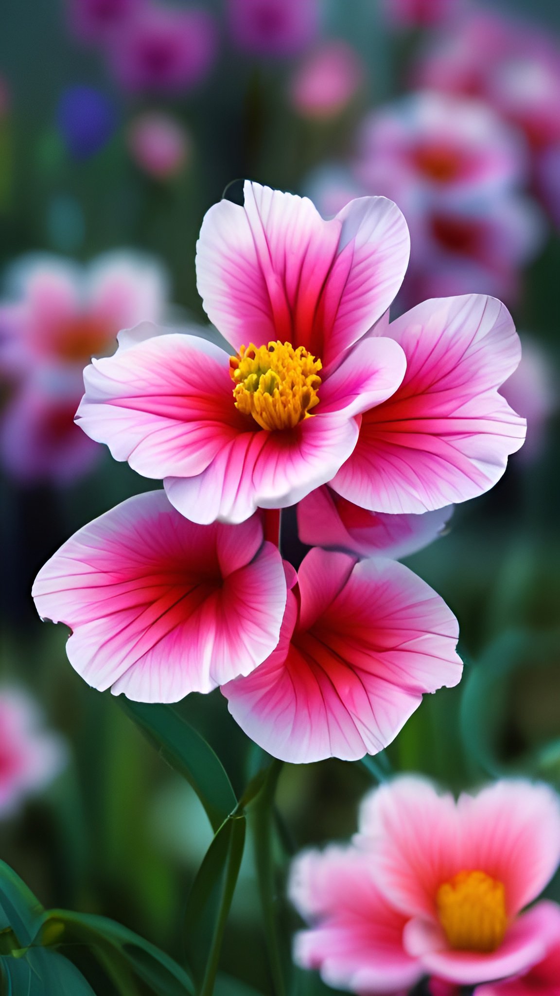 Photo of pink cosmos-style flowers with yellow centers in a blurred field