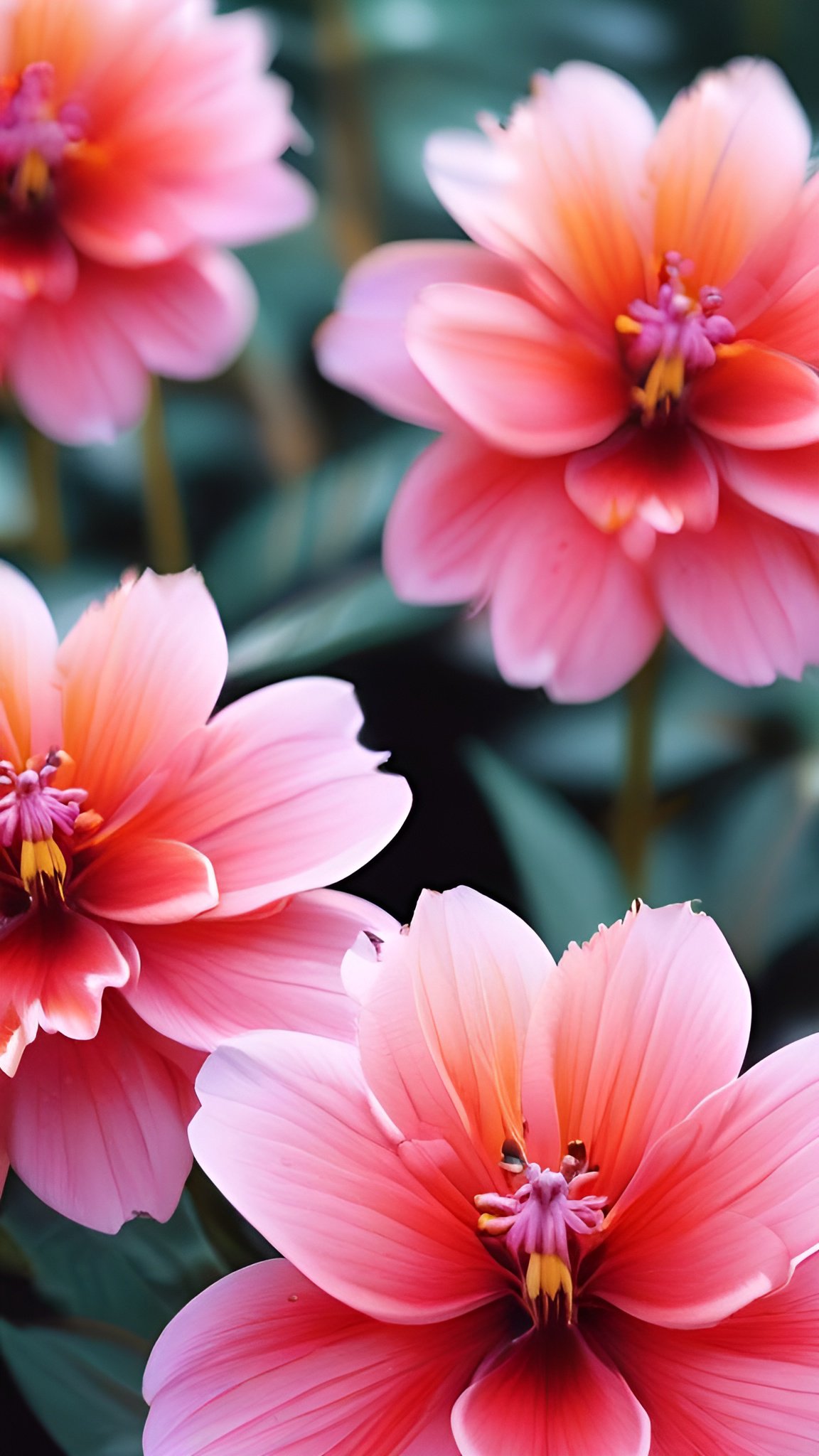 Photo of pink dahlia flowers with coral centers and yellow stamens