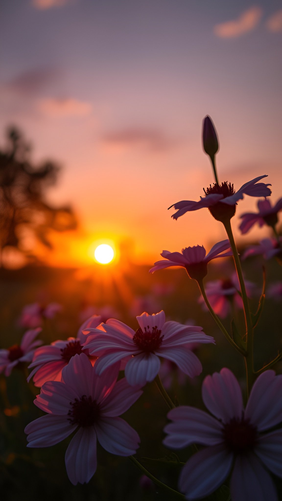 Pink daisies in field with orange sun setting behind trees