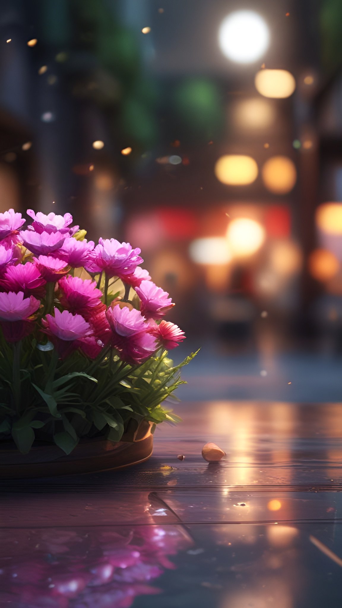 Painting of pink daisy-like flowers in a pot on a wet wooden table with gold night lights