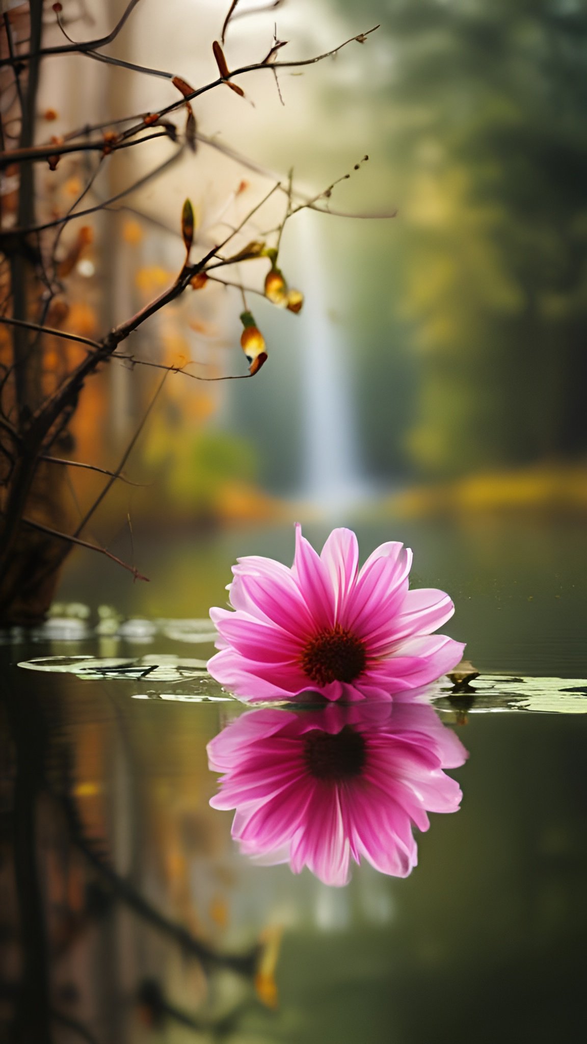 Floral photograph of a pink gerbera daisy flower floating on calm water with its reflection and a blurred waterfall in the background