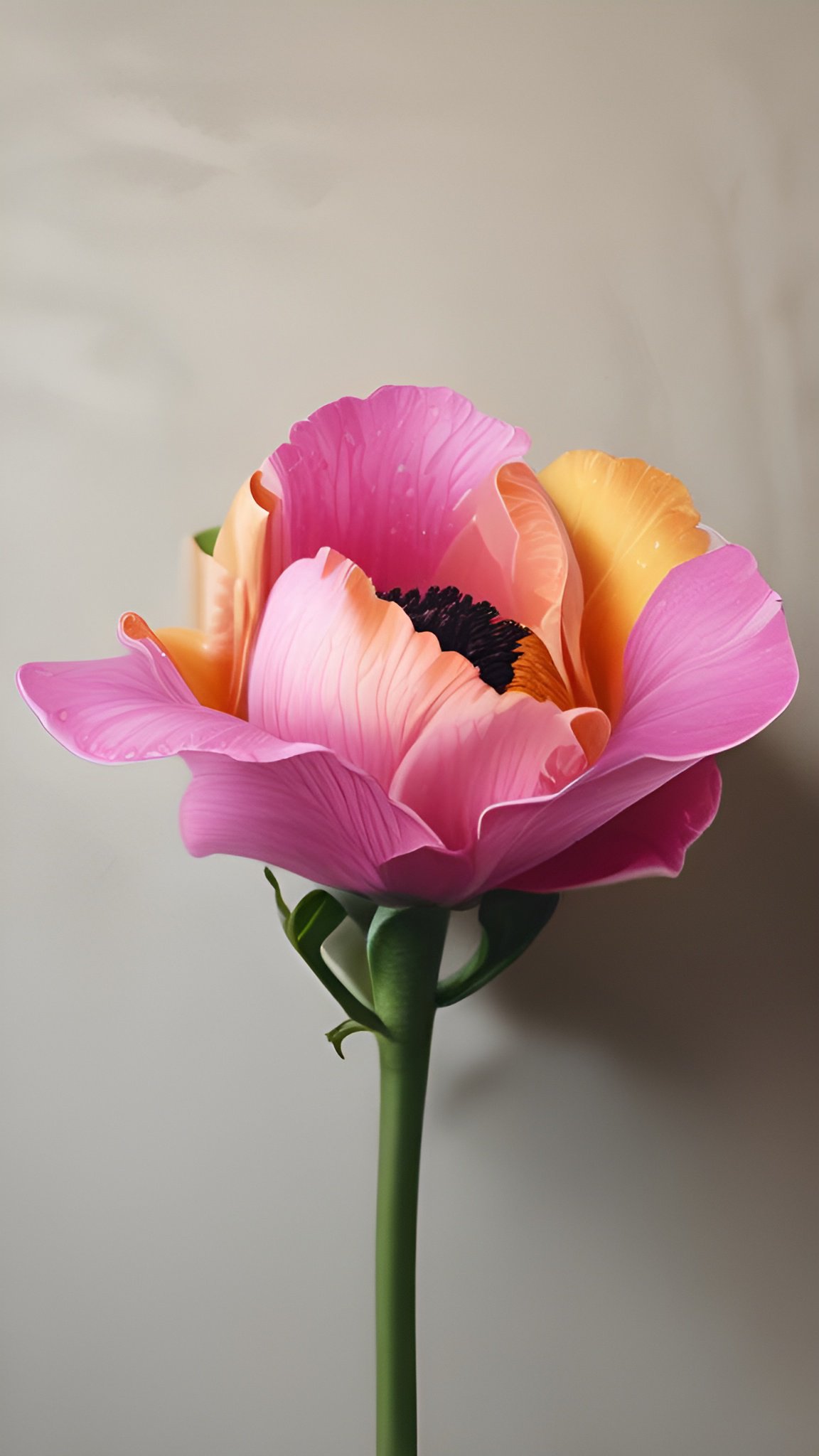 Floral photograph of a vibrant pink and orange anemone flower with layered petals and dark center on green stem