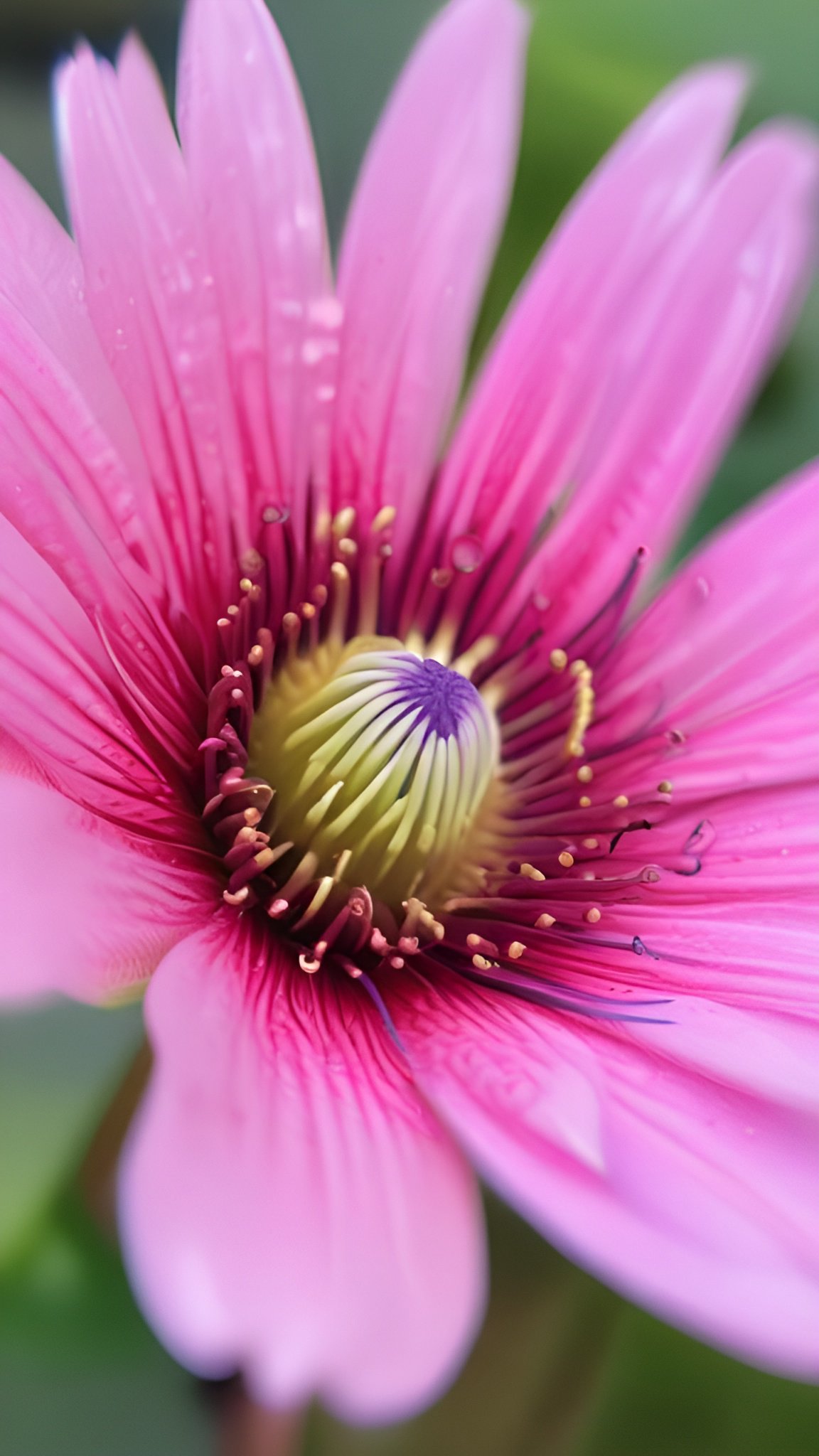 Close-up of pink passion flower with yellow center purple stigma and water drops