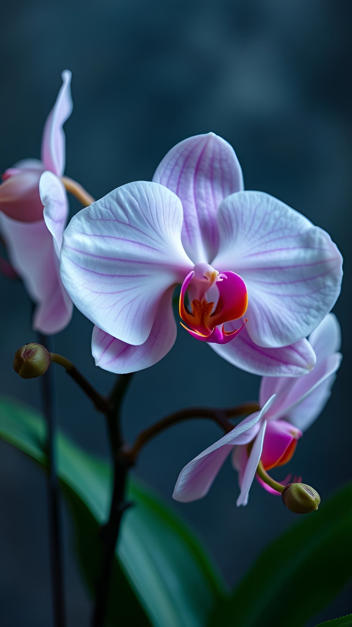 A floral photograph of pink phalaenopsis orchid blooms with magenta orange lips and green buds on a teal wall