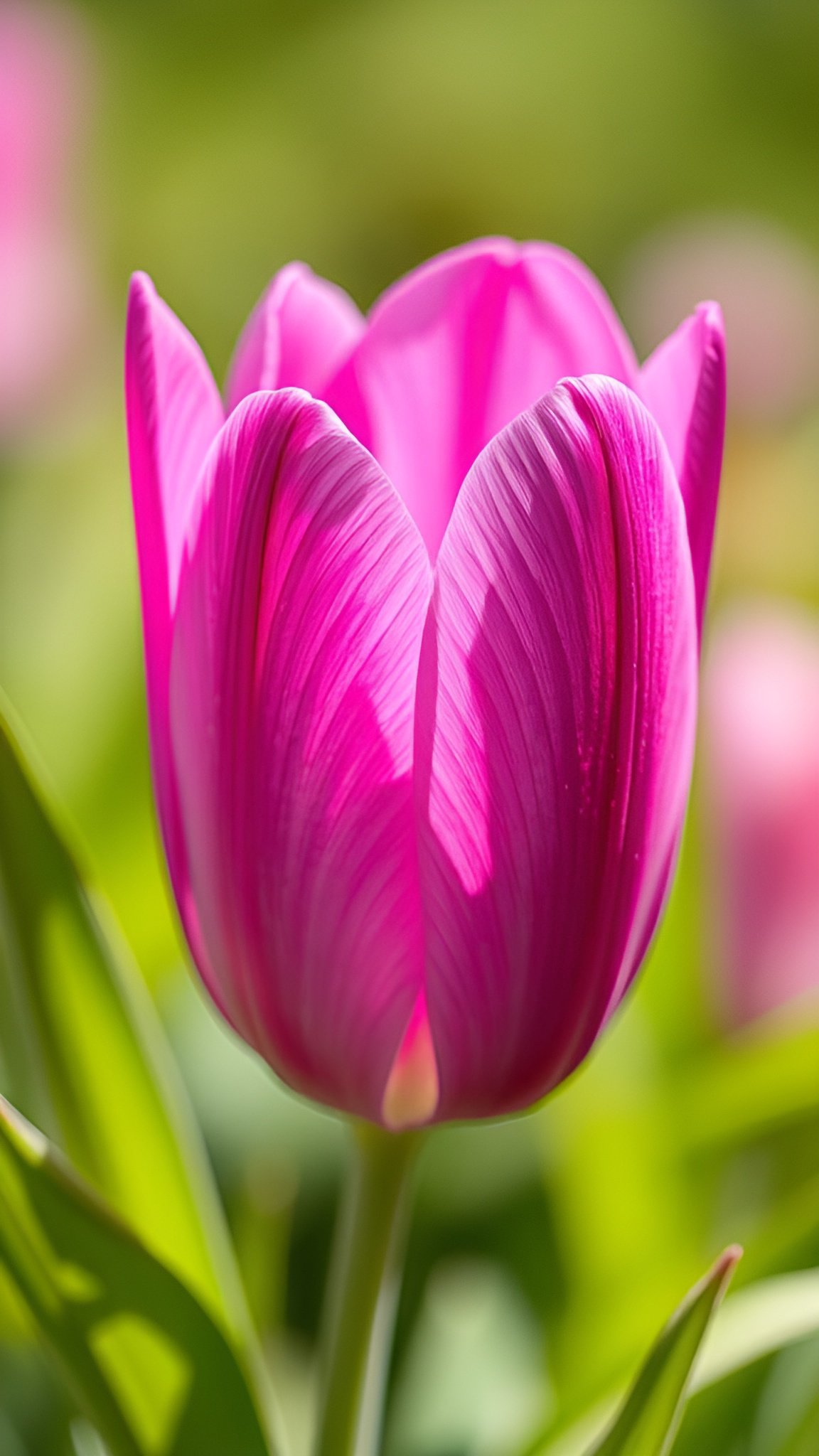 Close up pink tulip flower with green leaves in garden