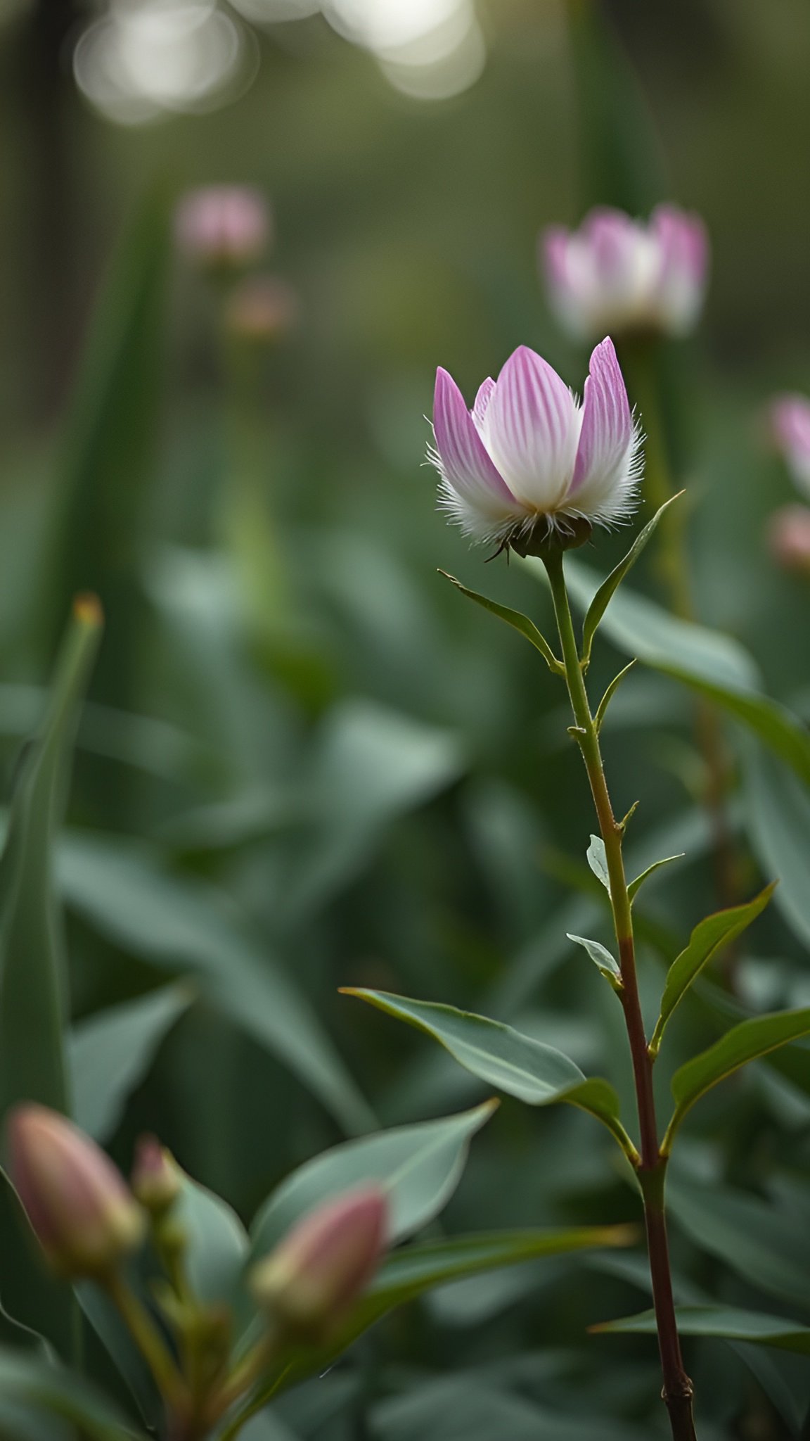 Nature photograph of a pink and white striped frilly lisianthus flower with green leaves and buds in garden setting