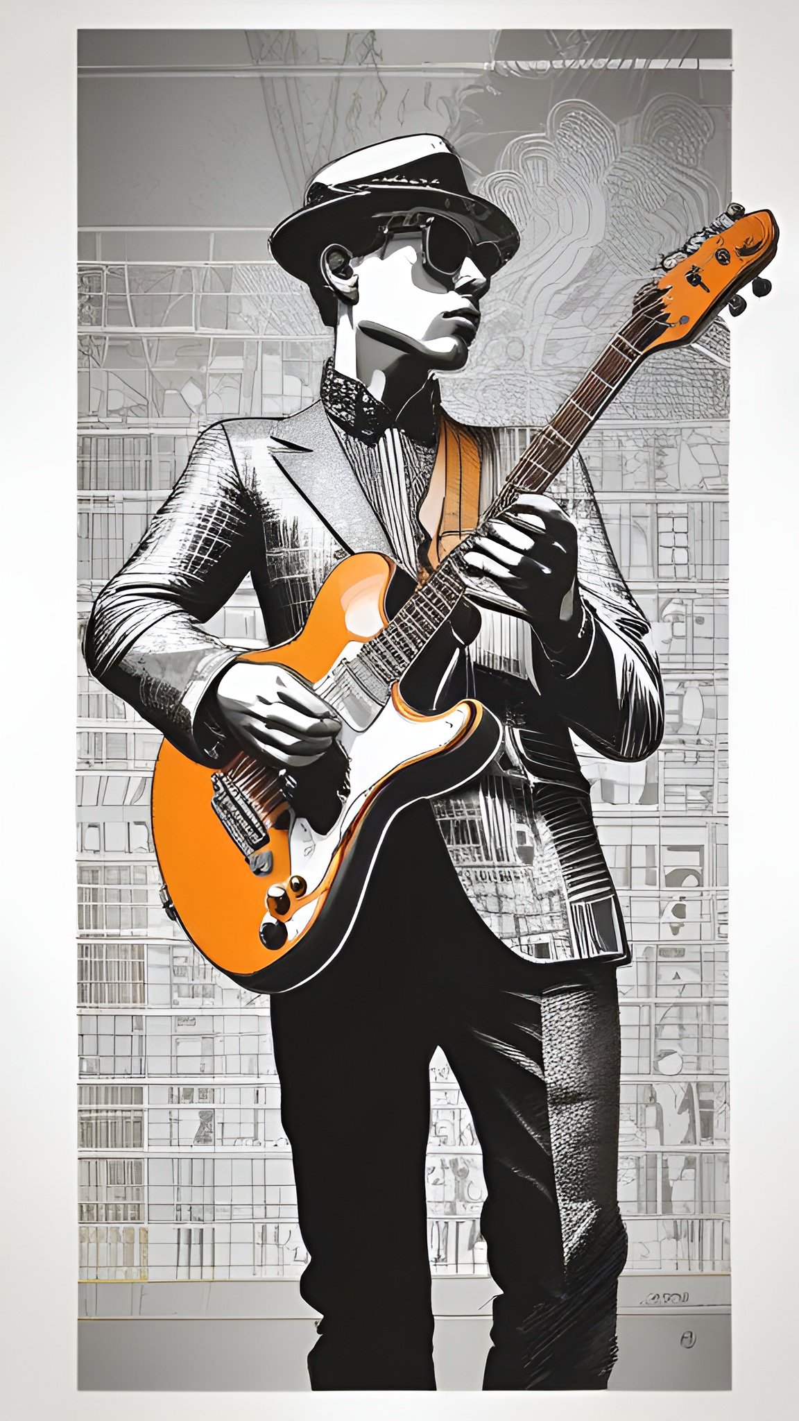 Poster art of a man playing orange electric guitar in suit and fedora hat