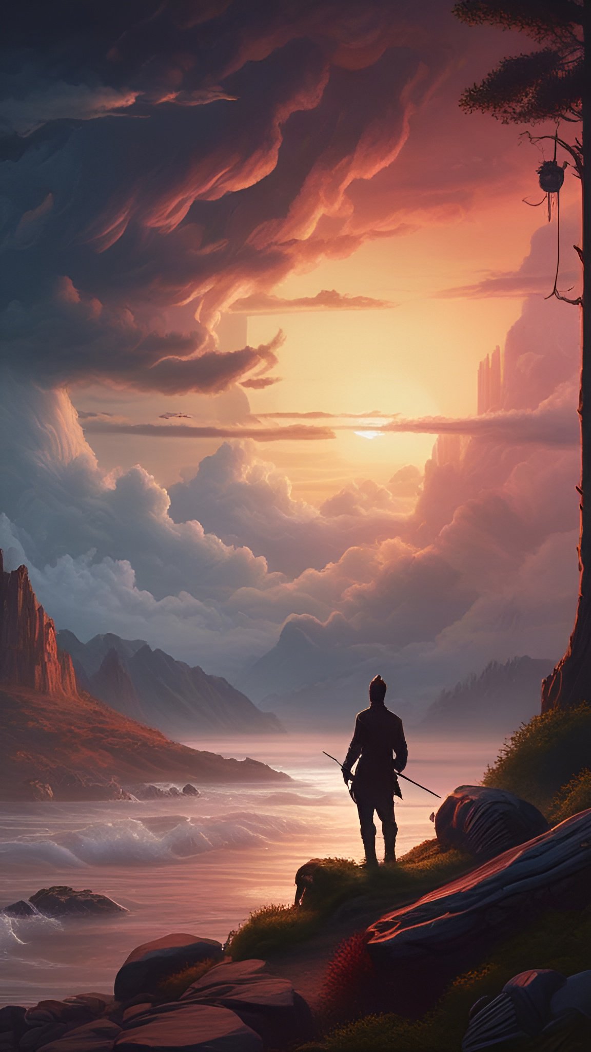 Poster art of a man silhouette at sunset on cliffs by the ocean