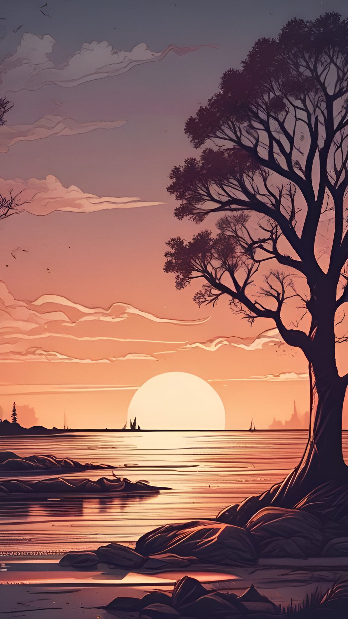 Stylized poster art of sunset over water with large tree and rocks