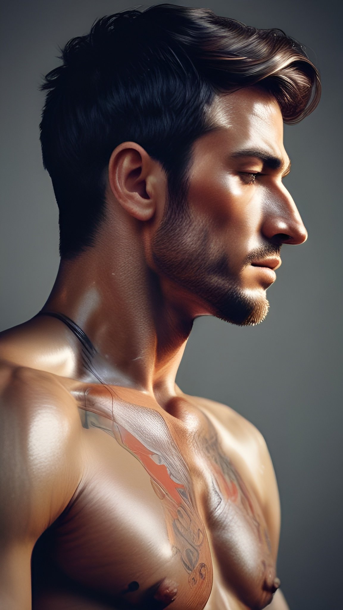 A male figure art profile of a man with a light beard on a gray studio ground