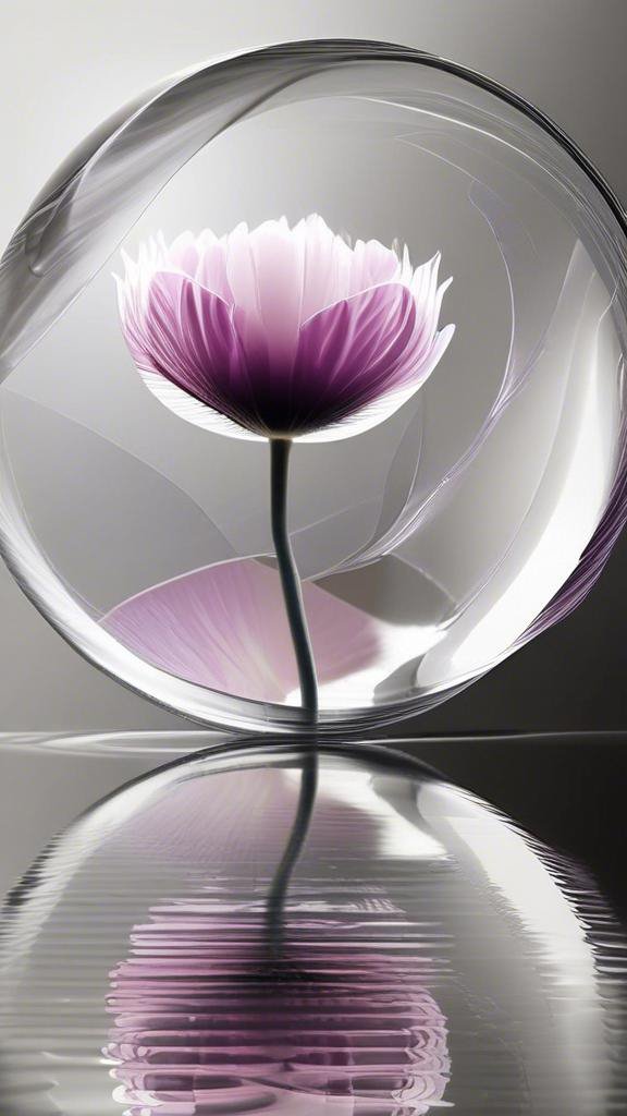 Purple anemone flower inside a transparent glass sphere with water reflection