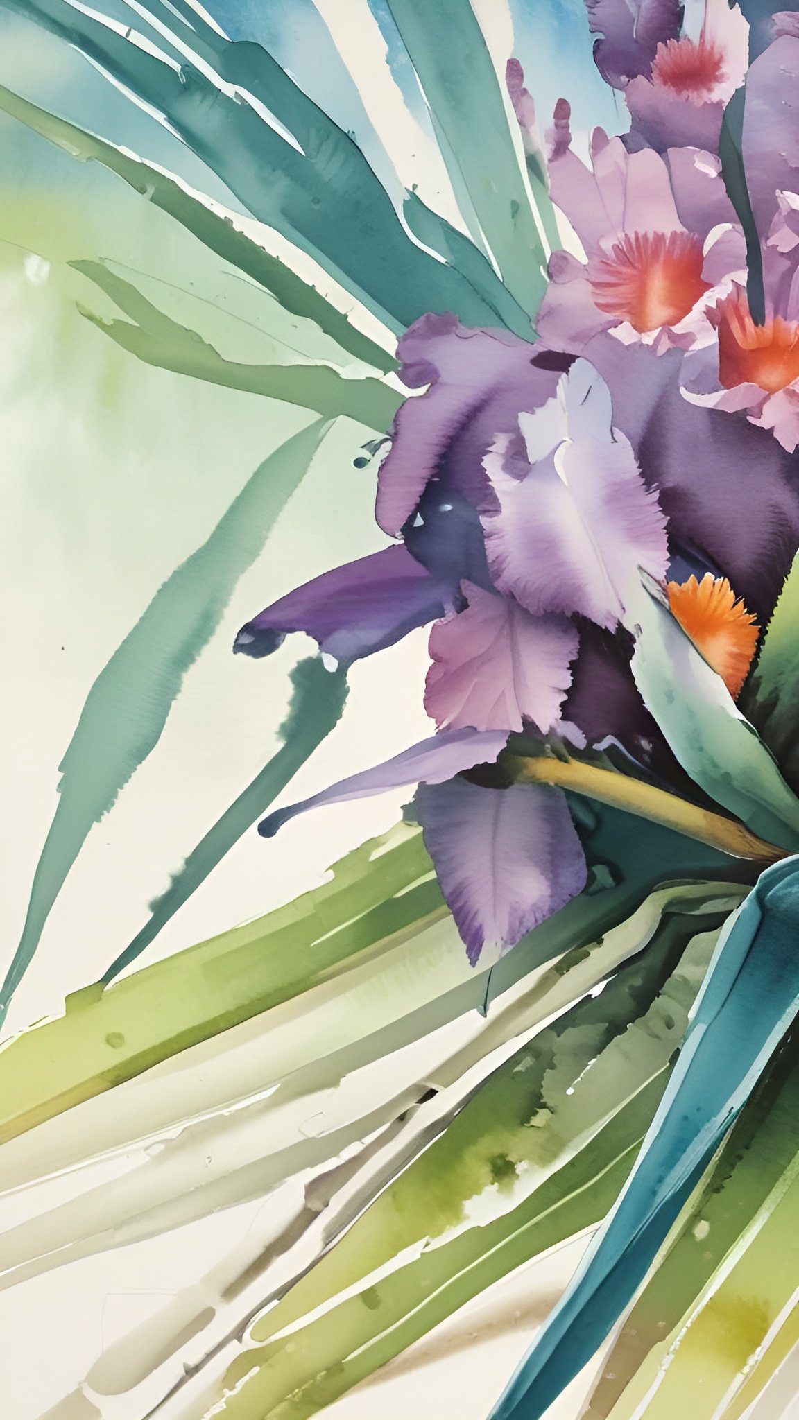 Watercolor painting of a purple iris with long green leaves