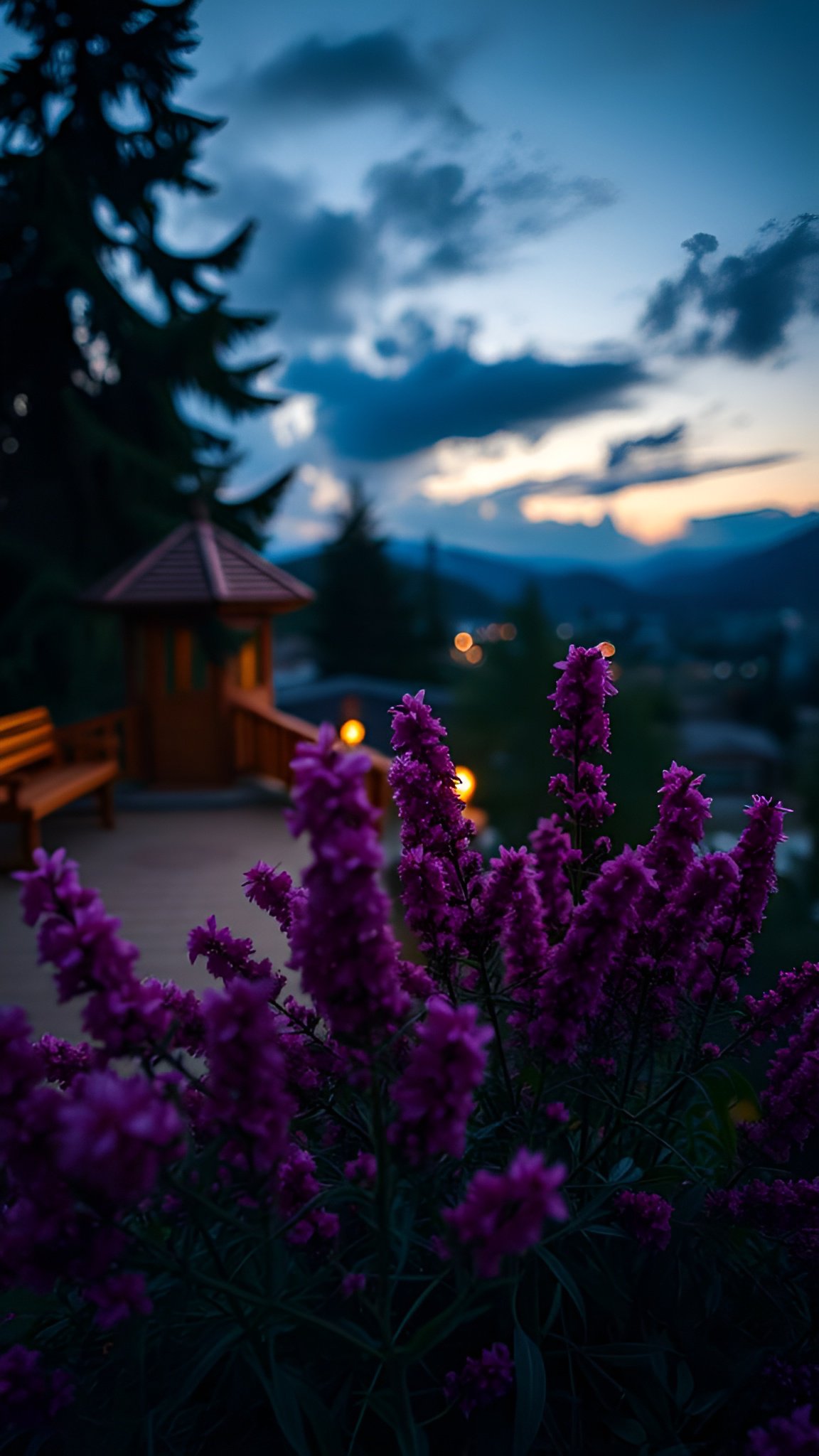 A floral photograph of purple loosestrife at dusk by a gazebo and mountains