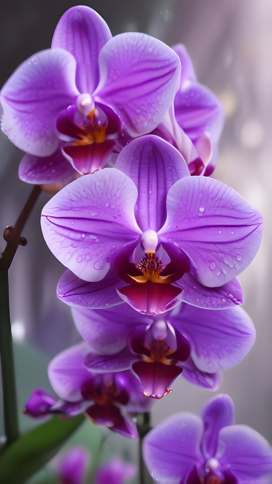 Delicate purple orchid covered in morning dew drops in gentle natural light