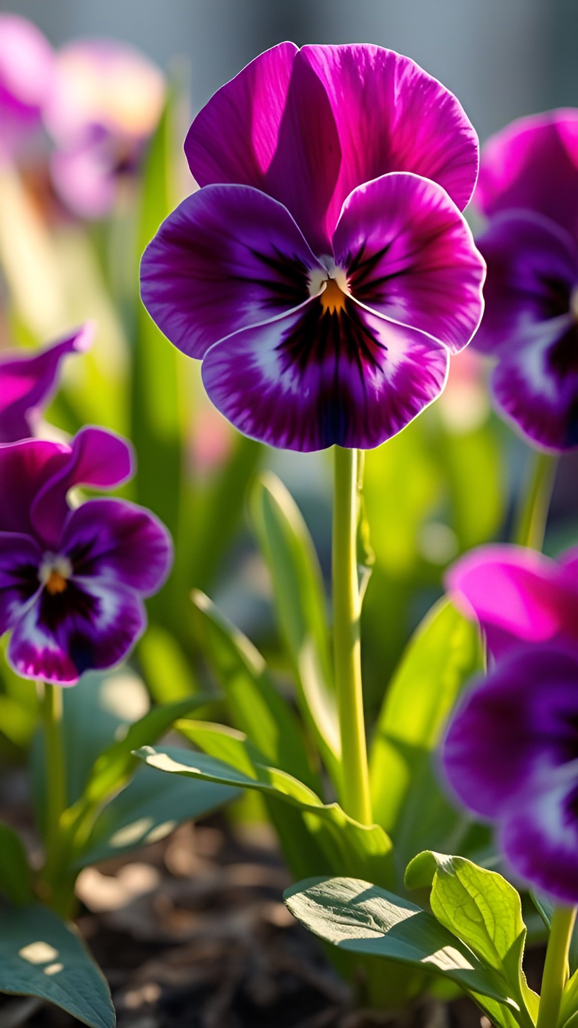 Closeup of purple pansy flowers with yellow centers and green leaves in sunlight