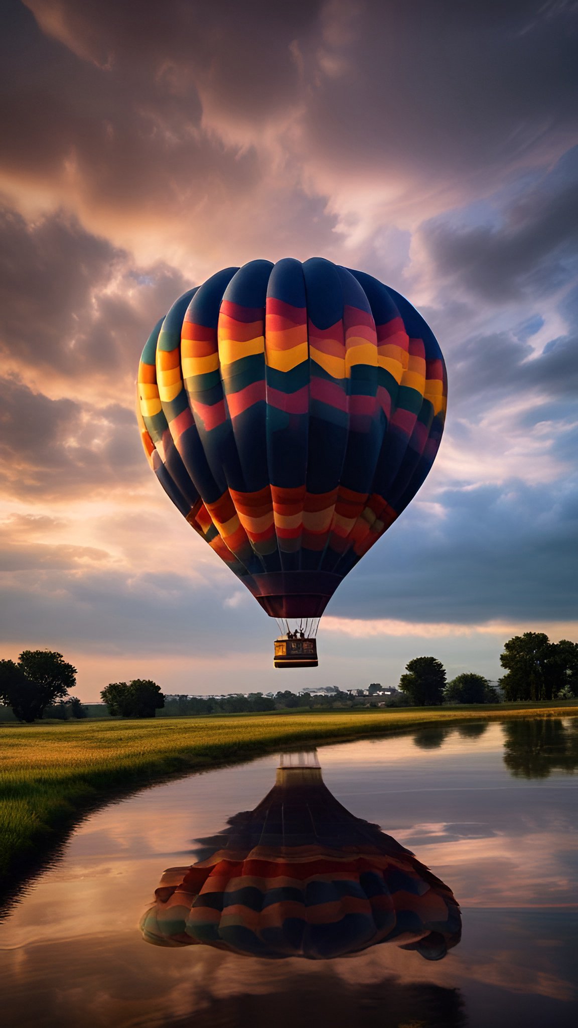 Photo of a rainbow striped hot air balloon over a river at dusk