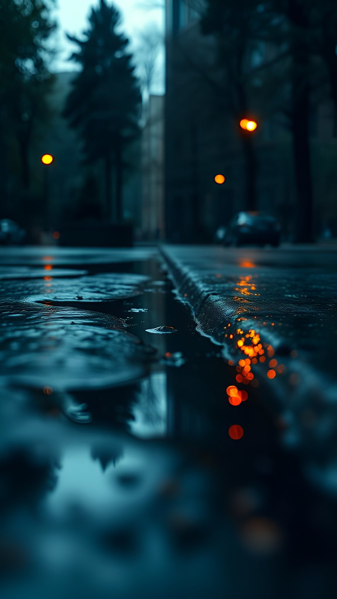 Rainy city street at night with wet pavement reflecting orange lights and blurred buildings