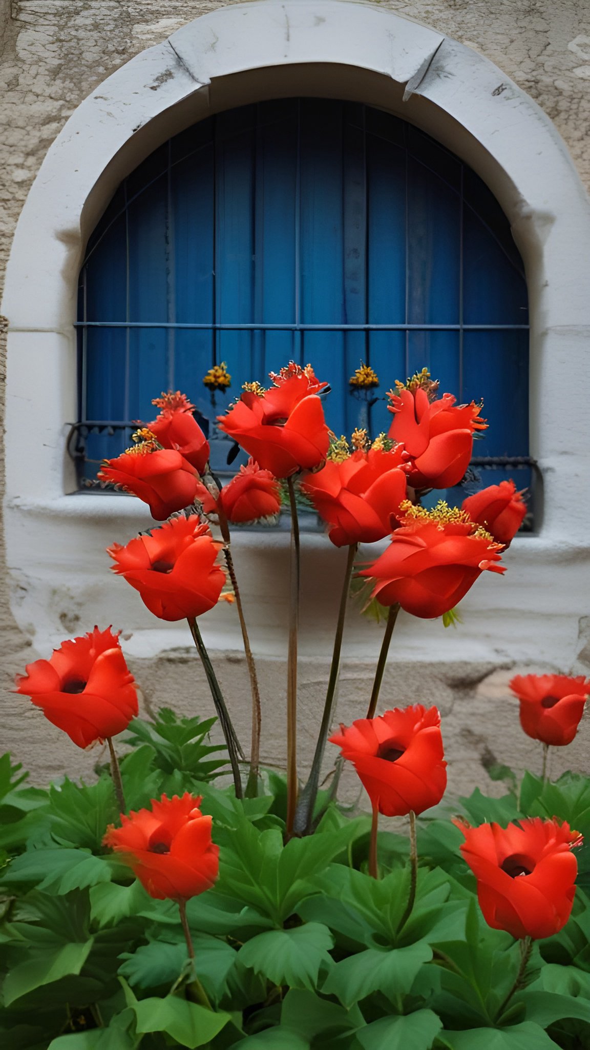 Photo of red poppies with dark centers in front of a blue arched window