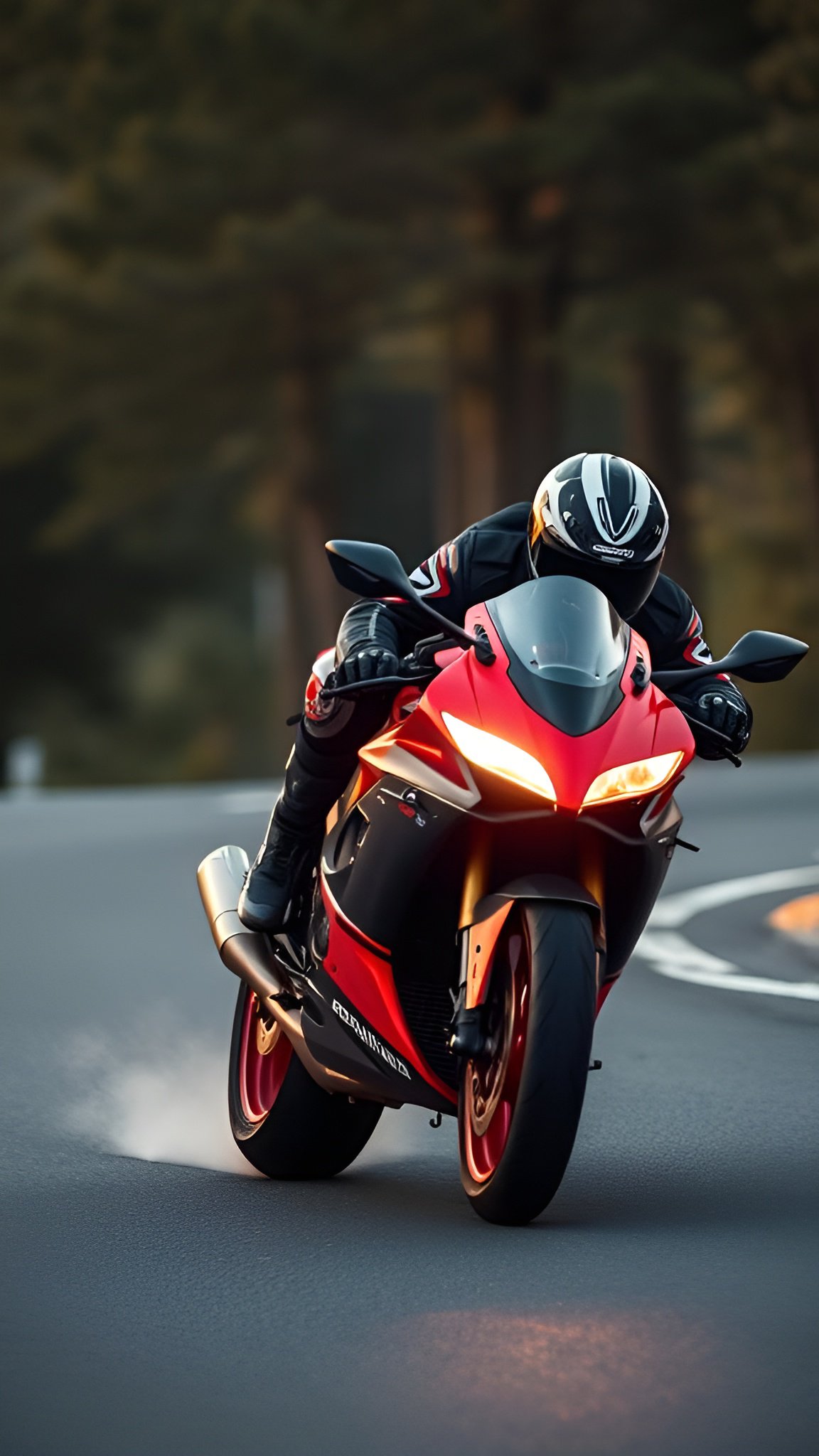 Rider in black leathers leaning red sportbike into sharp forest road turn with tire smoke