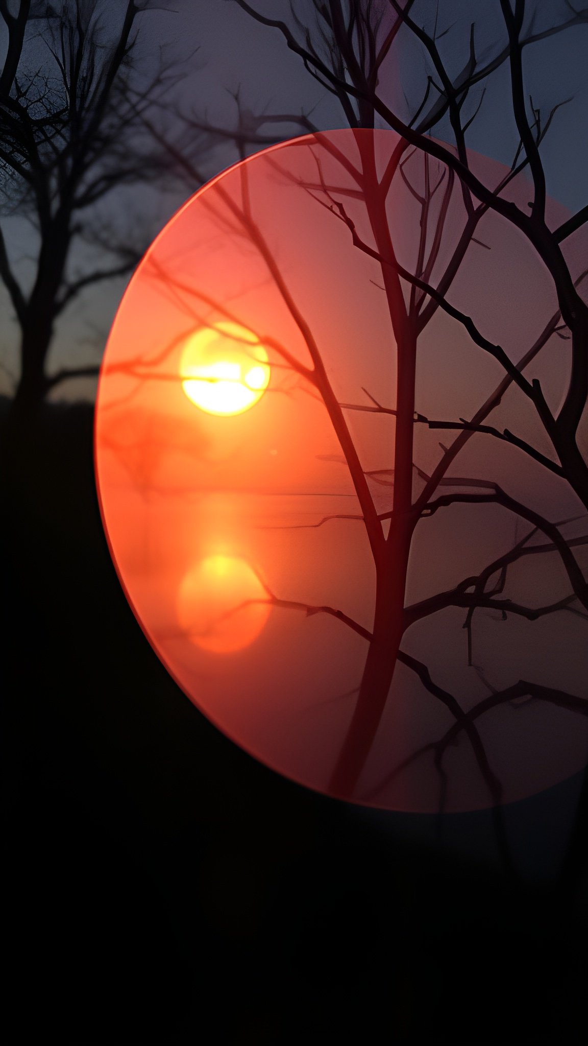 Large sphere reflecting intense red sunset with bare tree silhouettes