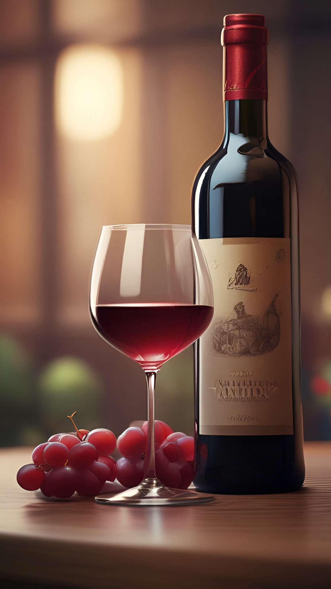 Photo of a red wine bottle, wine glass, and red grapes on a wood table