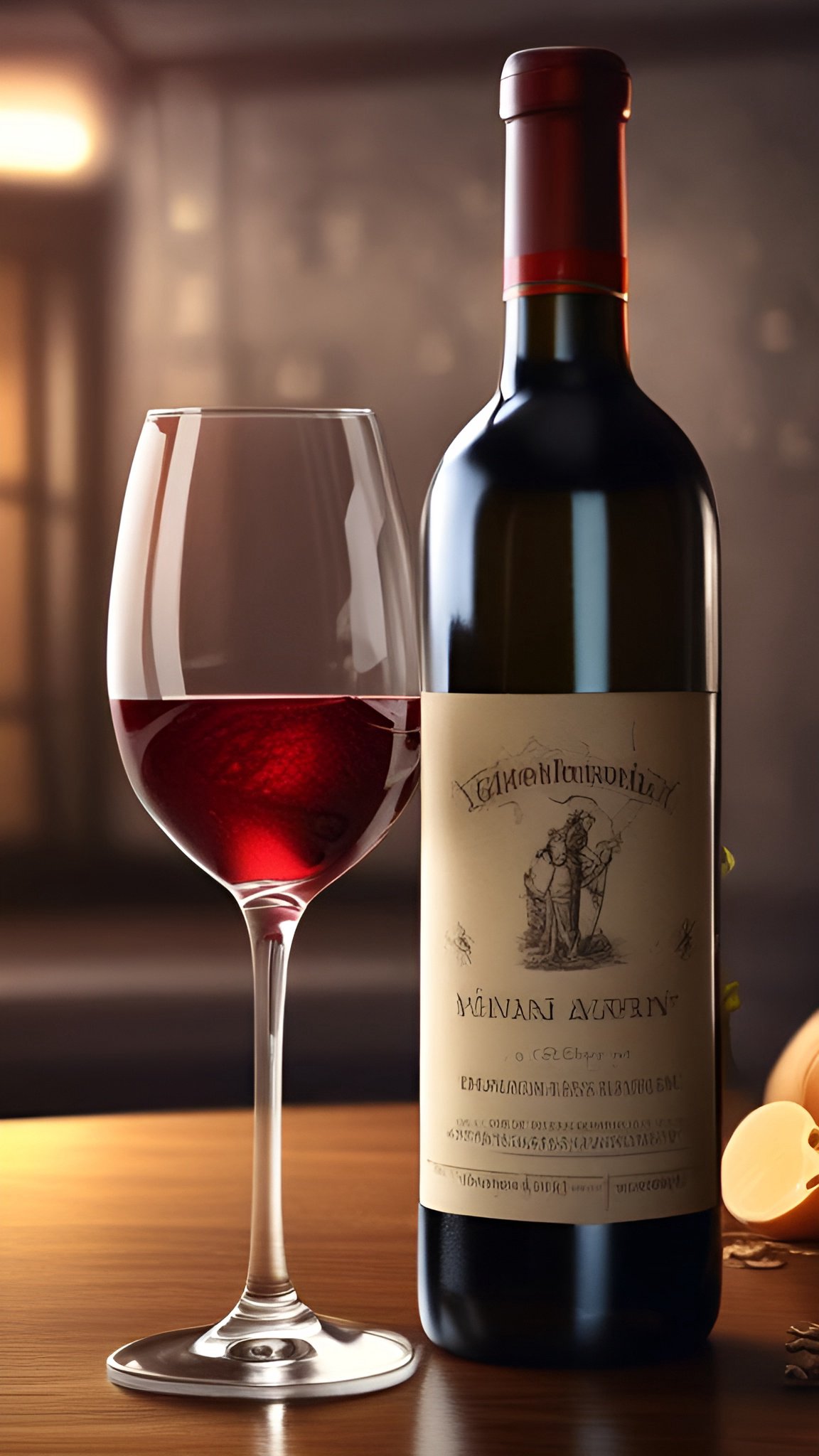 Photo of a red wine bottle and wine glass on a wood table