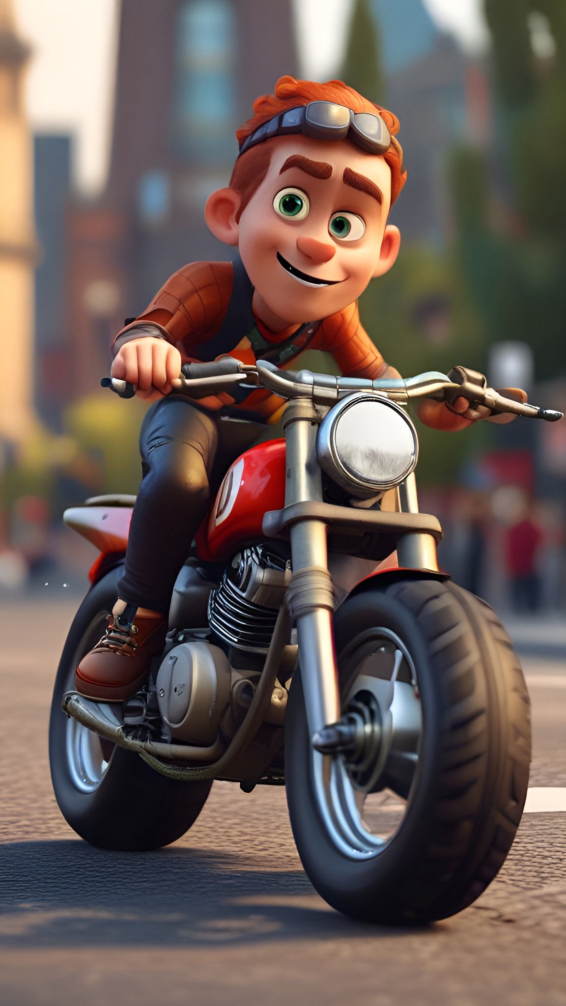 Cartoon of a redhead man on a red cafe-racer motorcycle on a city street