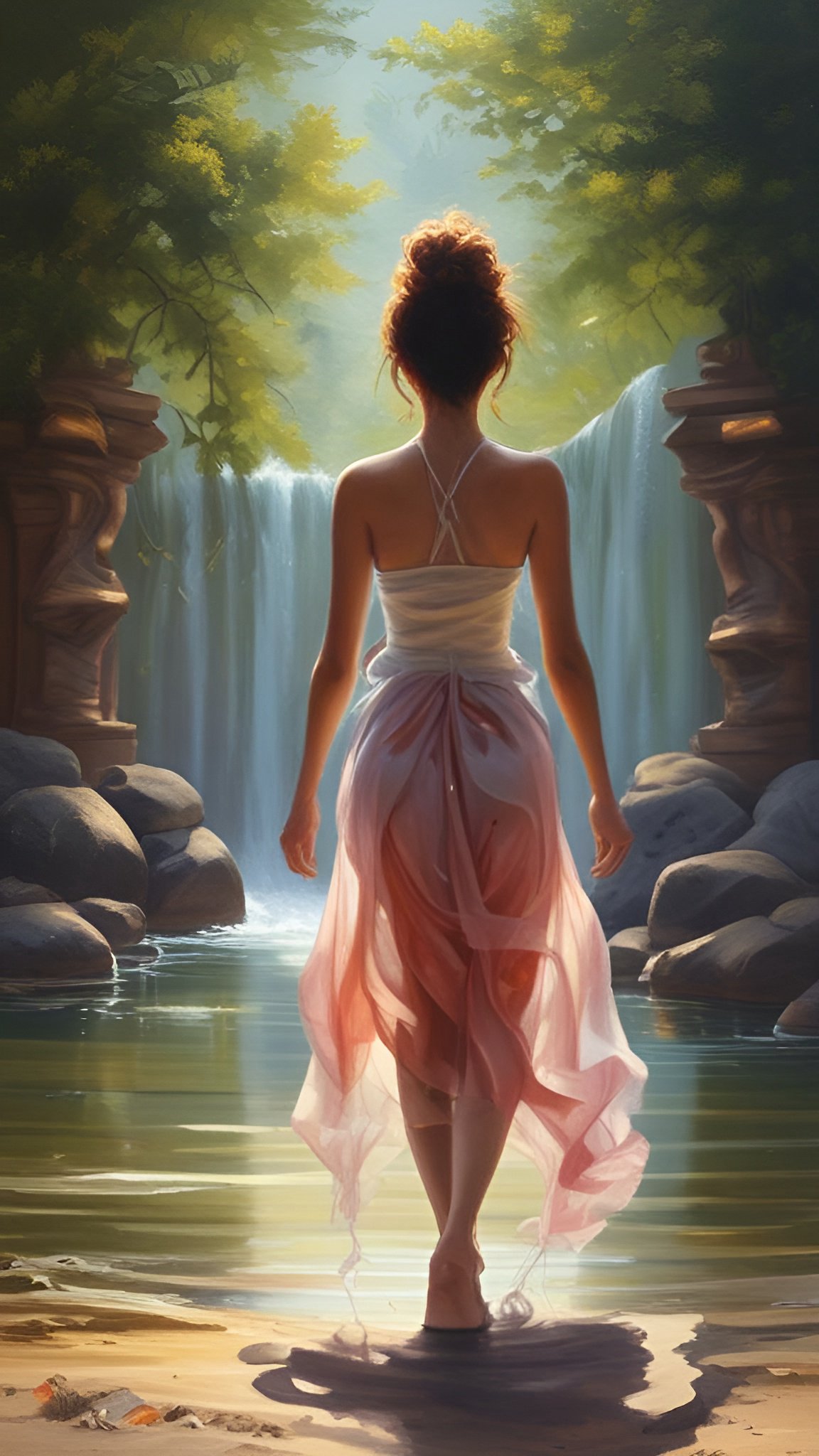 Painting of a redhead woman in a white halter top and flowing pink white skirt walking into a waterfall pool